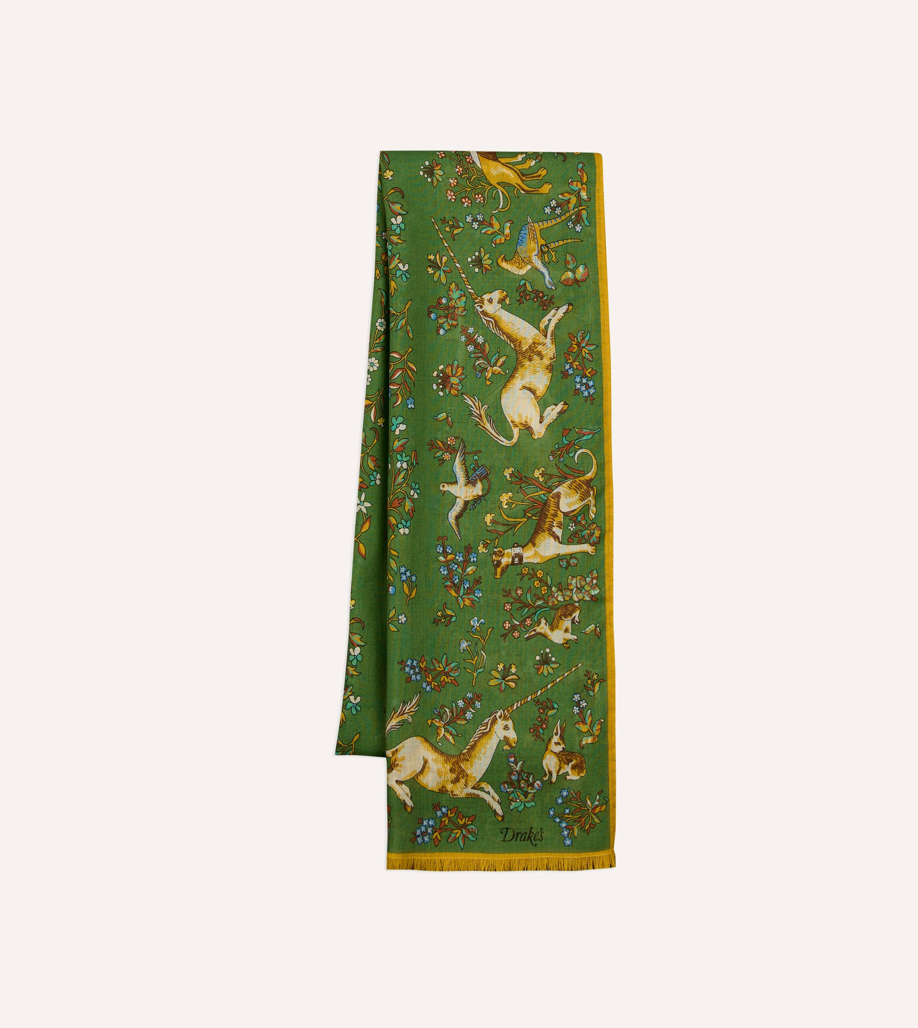 Olive Unicorn Garden Print Tubular Wool-Silk Scarf - 1