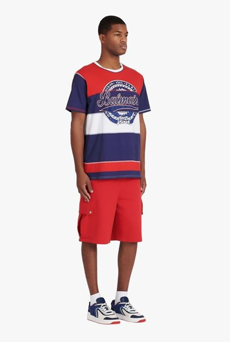 HIGH SUMMER CAPSULE - Blue, red and white cotton T-shirt with Balmain Paris logo print 7