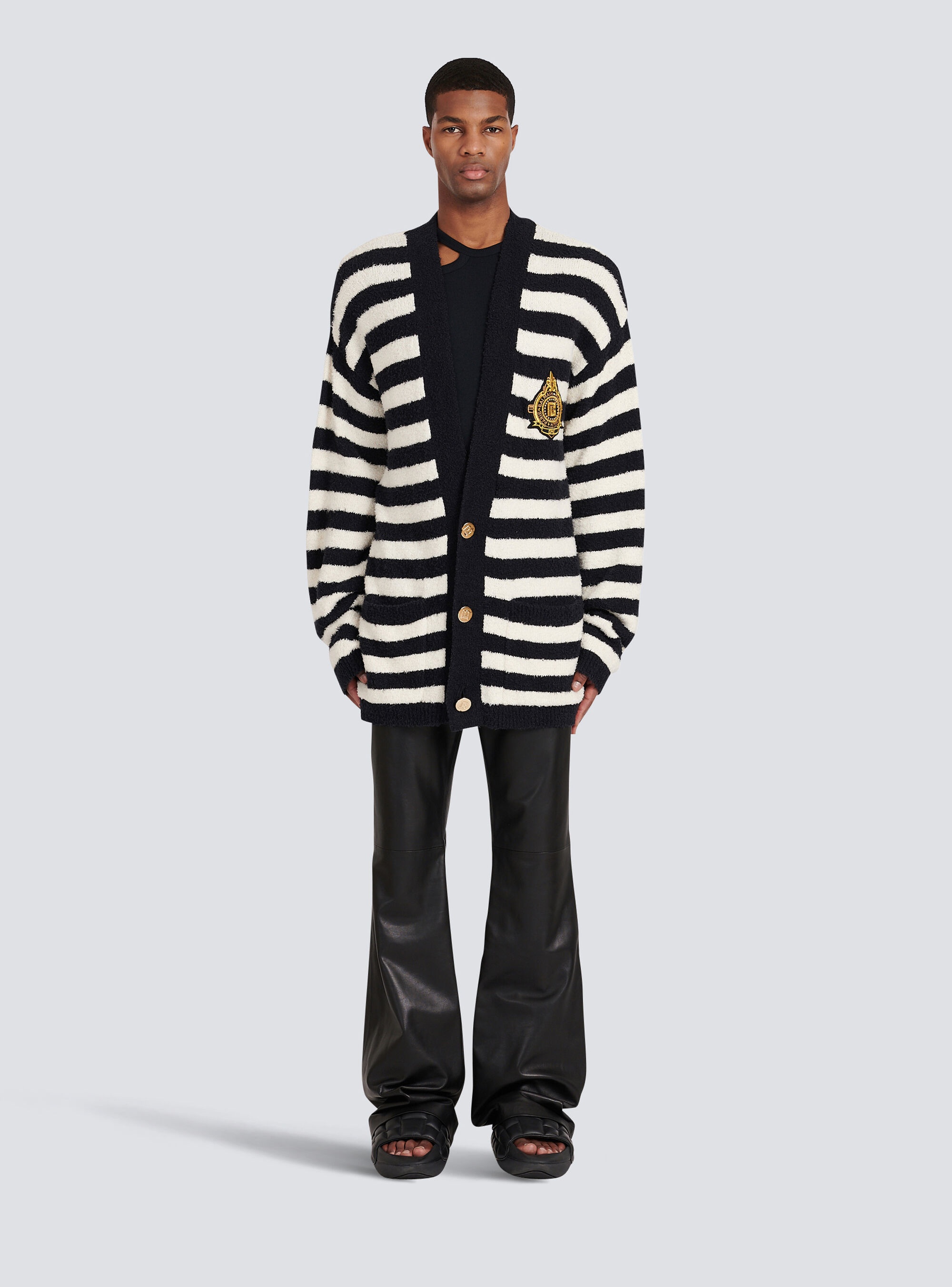 Cotton cardigan with strippes and Balmain badge - 3