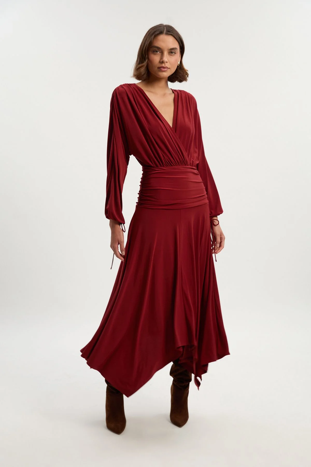 Stretch Drapey Crepe Ruched Plunge Neck Batwing Sleeve Maxi Dress - 1