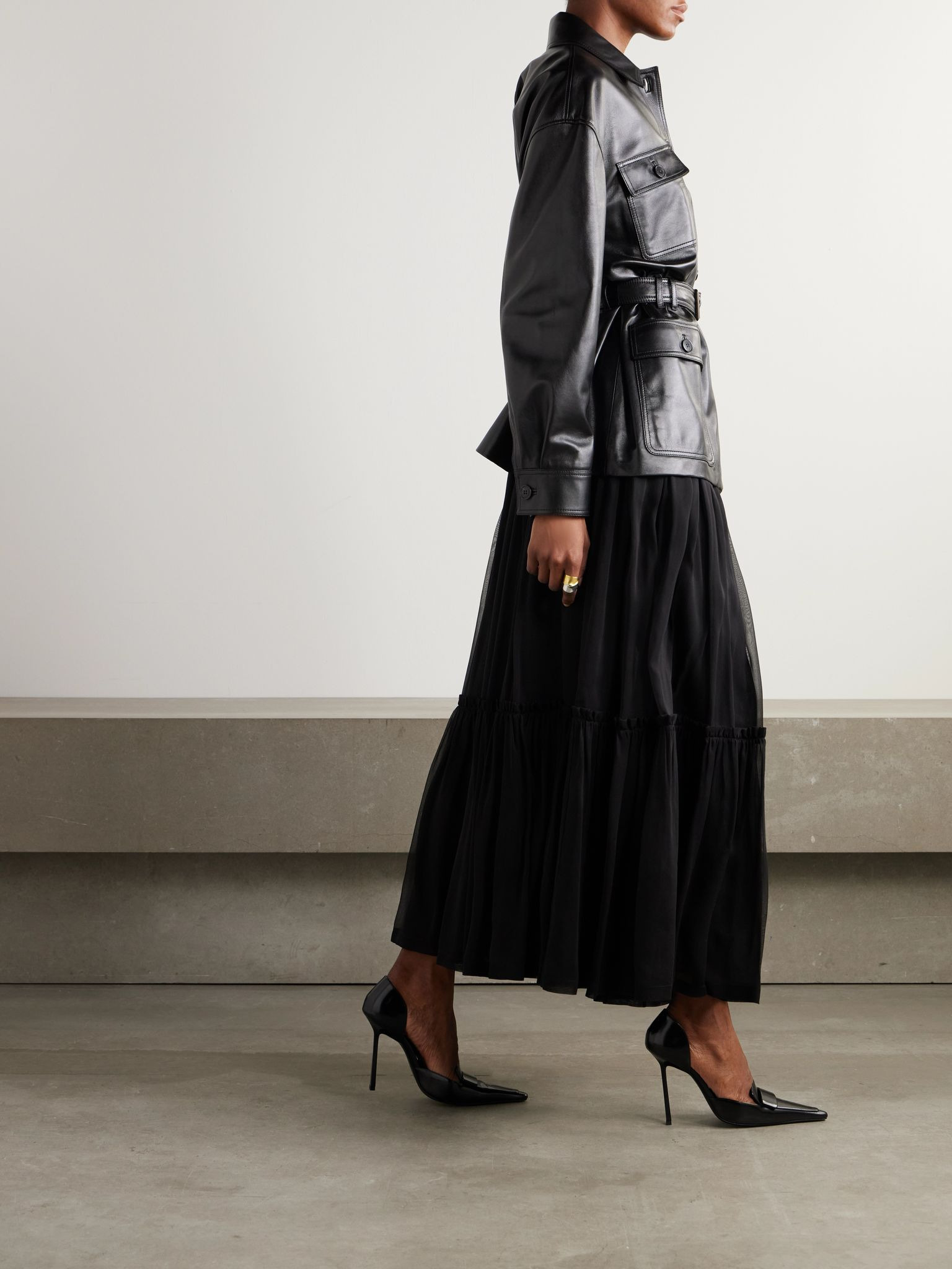 Tiered gathered silk-chiffon maxi skirt Black - 2