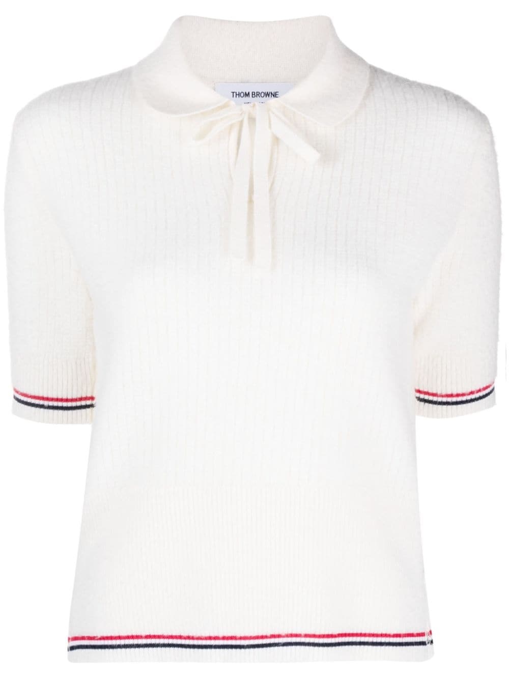 THOM BROWNE Women Brushed Tuck Stitch SS Polo With Keyhole Neckline In Merino Wool W/Rwb Stripe - 5