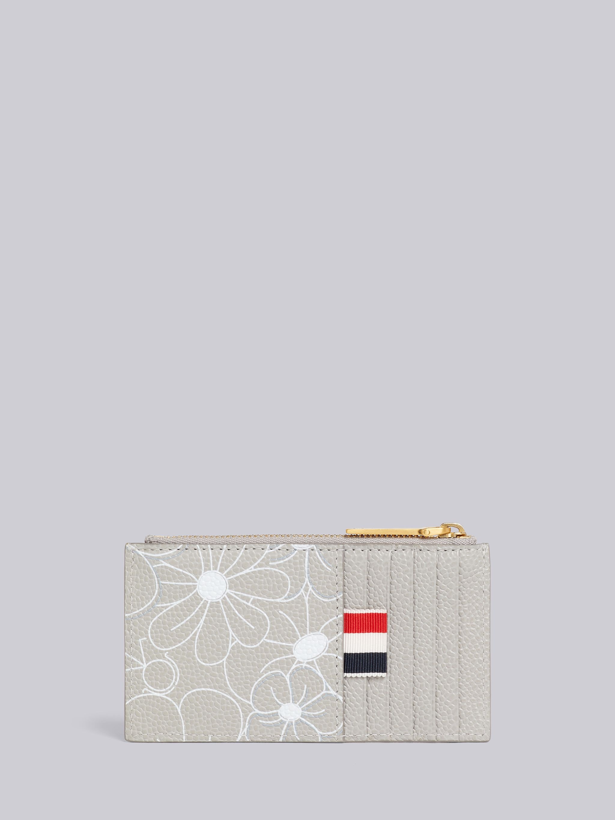 Light Grey 3d Floral Print Pebble Grain Leather Zip Card Holder - 4