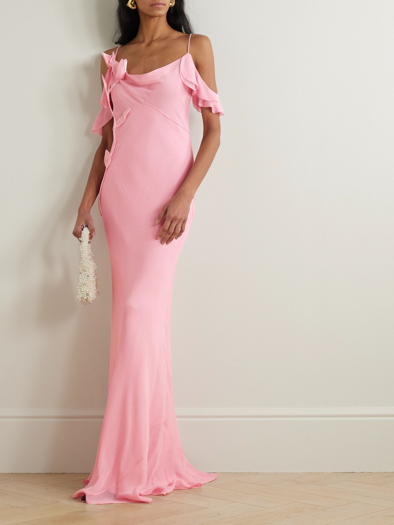 Appliquéd ruffled cold-shoulder georgette maxi dress Pink - 2