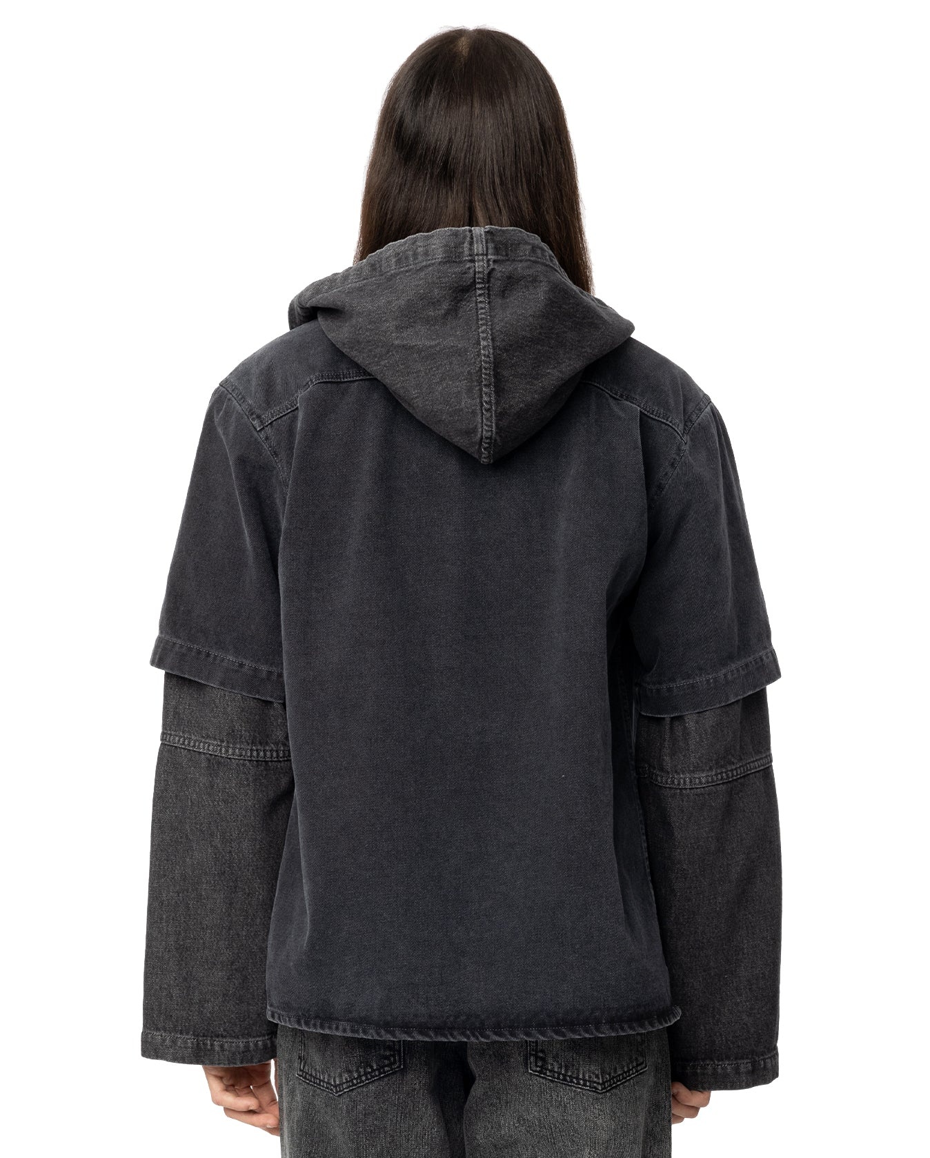 Denim Double Layer Hooded Jacket - Black - 4