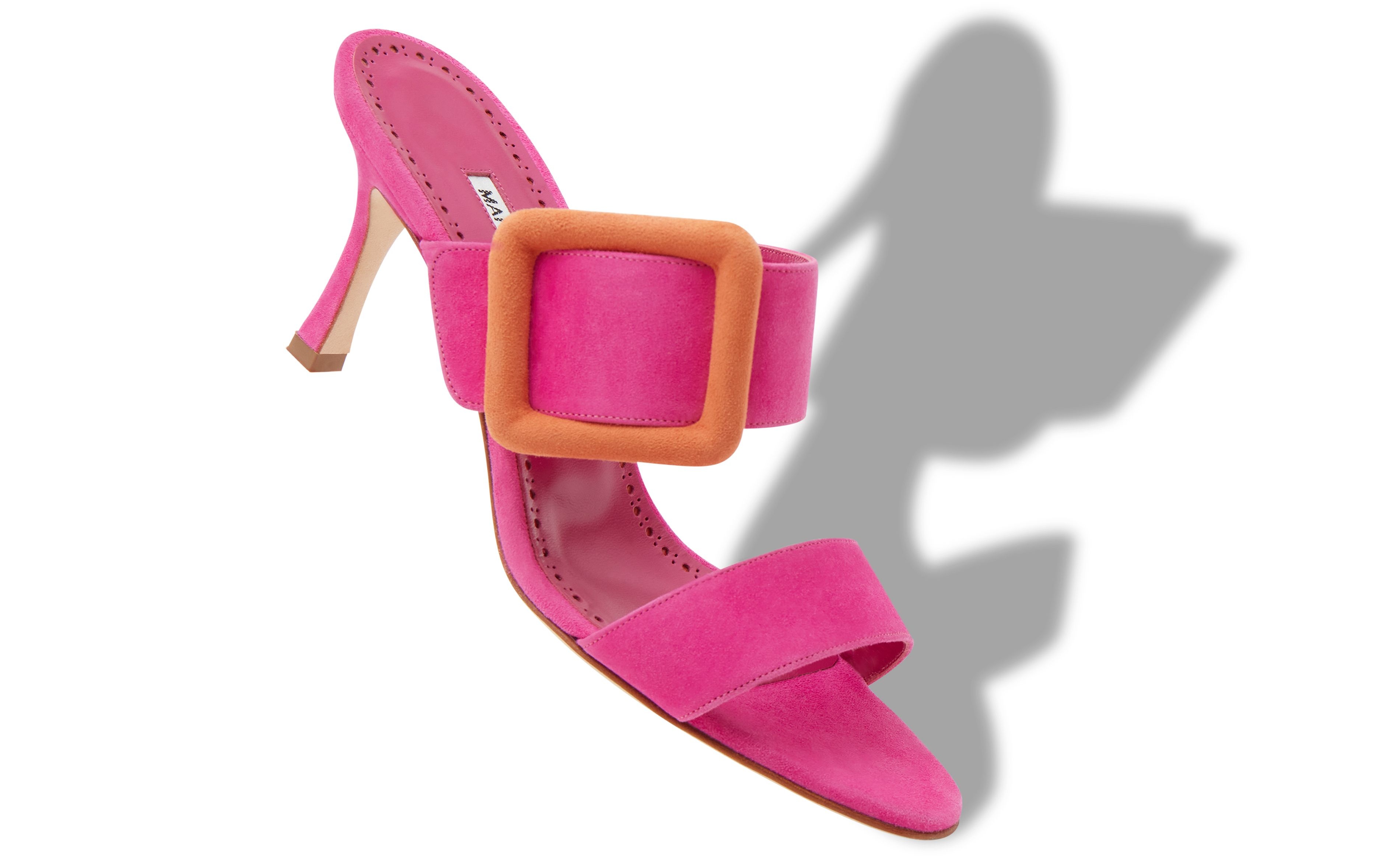 Bright Pink and Orange Suede Buckle Mules - 2