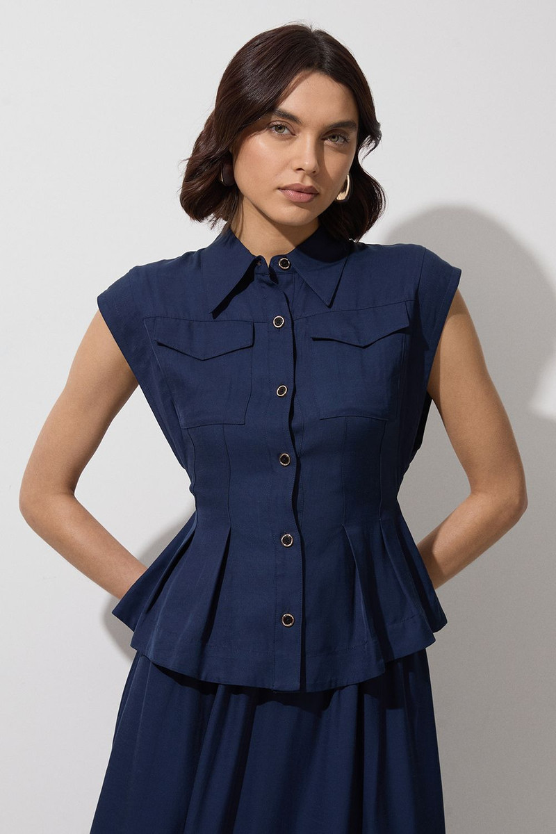 Tall Premium Viscose Linen Topstitch Woven Blouse With Waist Seam Detail 1