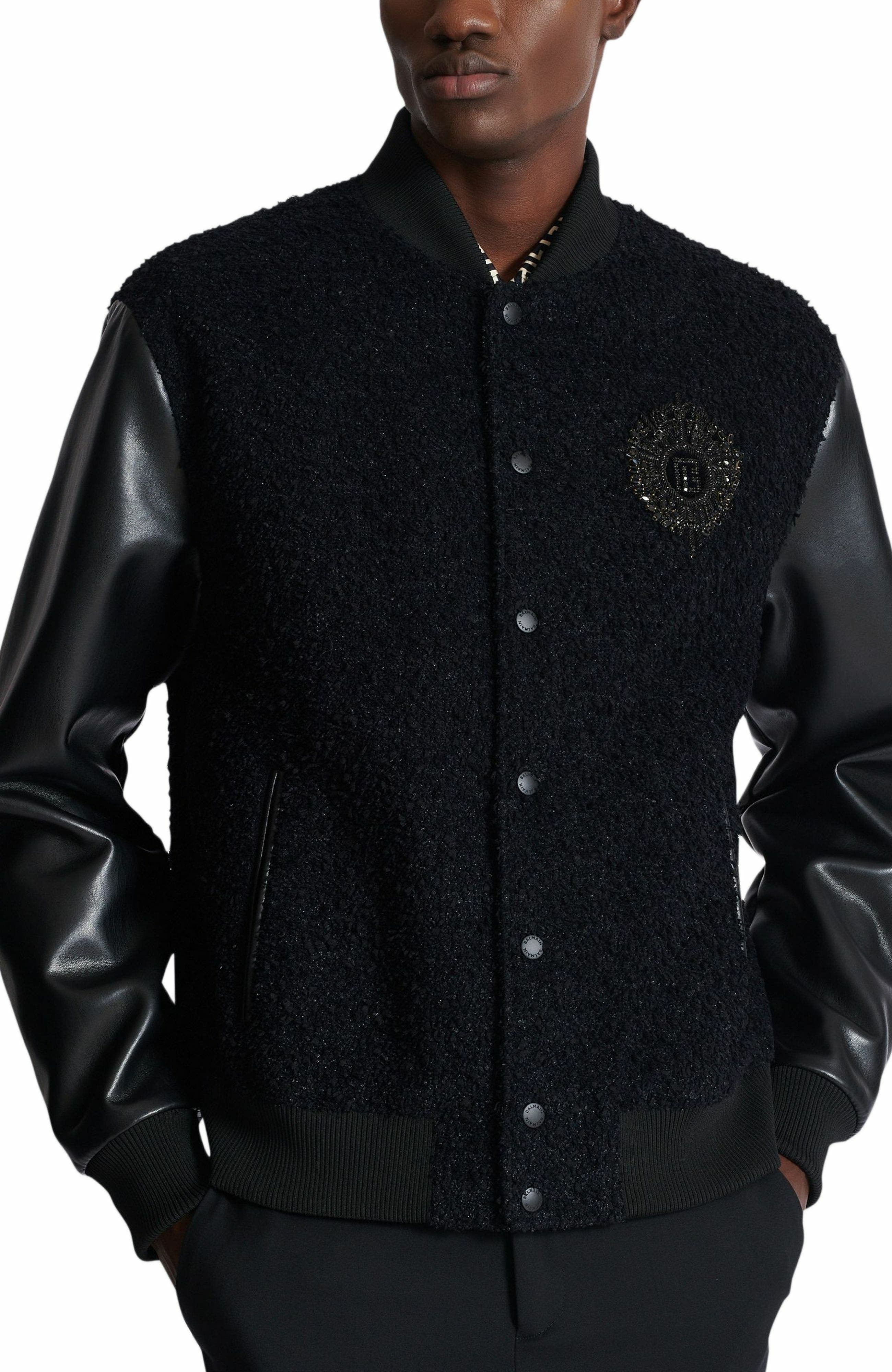 Balmain Varsity tweed and faux leather jacket in Black at Nordstrom - 4