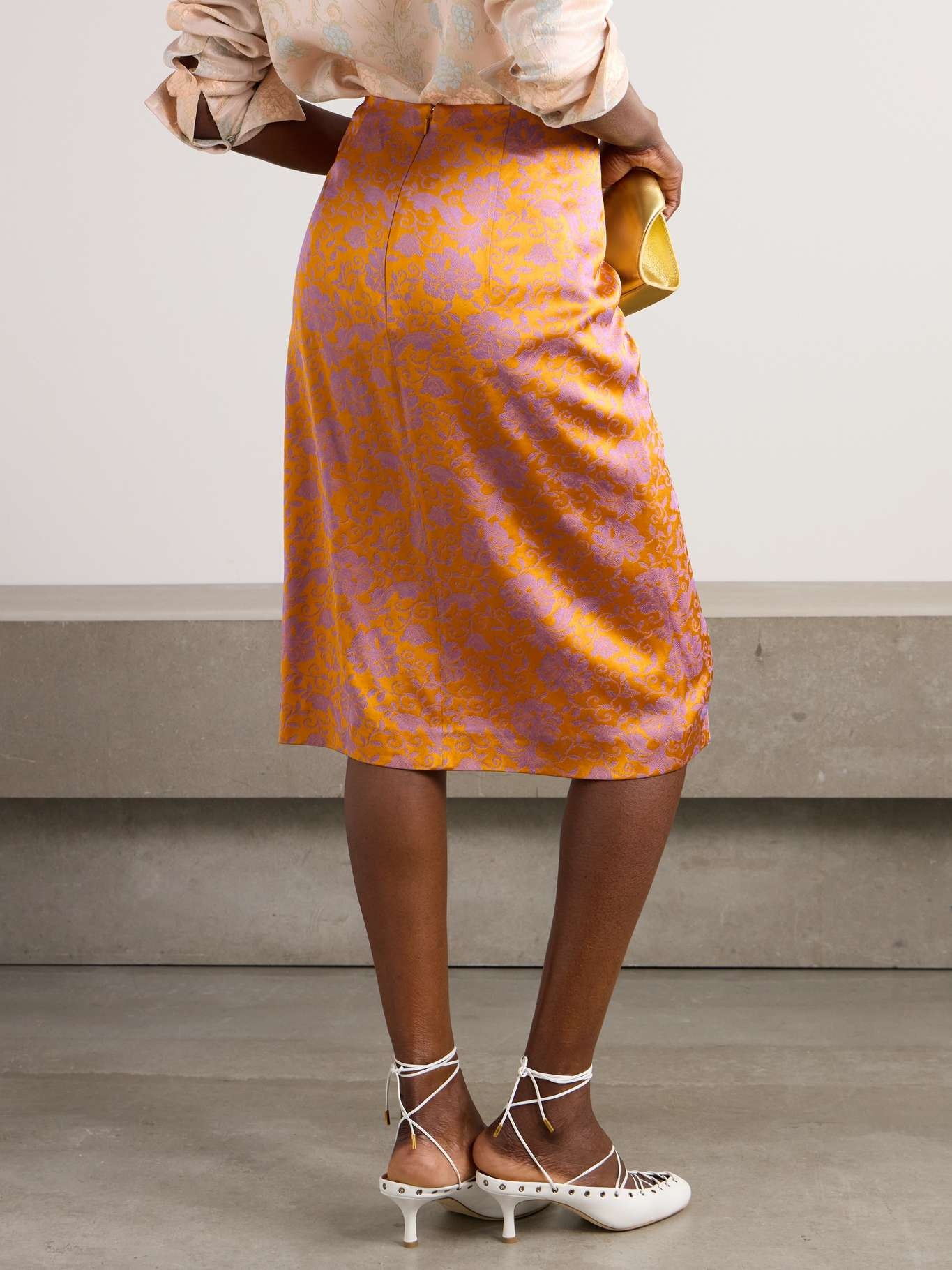 Wrap-effect satin-jacquard midi skirt Orange - 3