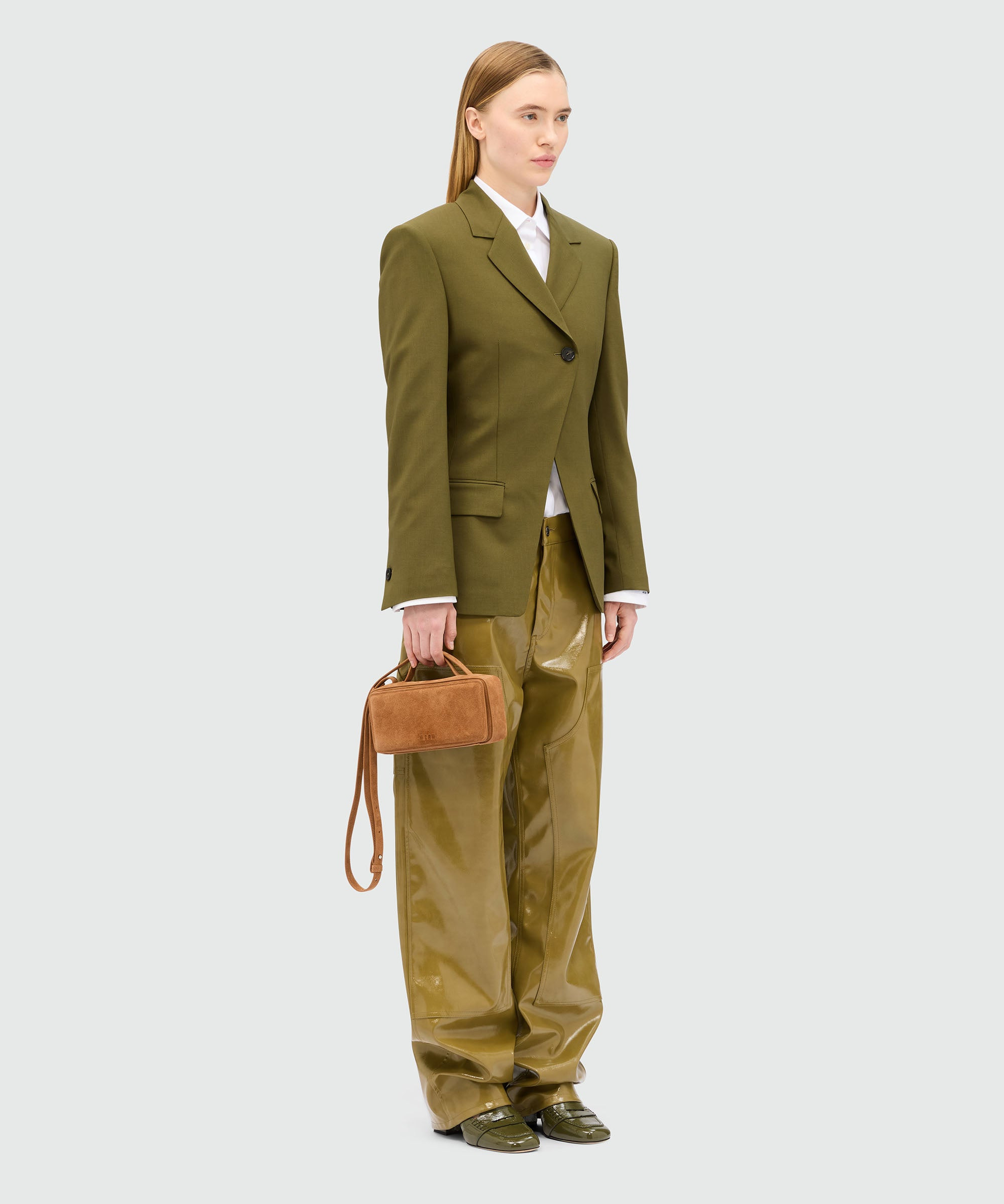 Olive green single-breasted jacket in cool asymmetric wool - 3