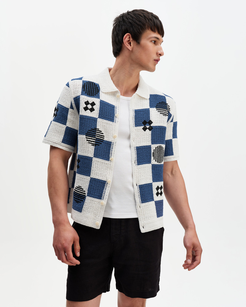 Wax London Porto - Ecru And Blue Square Crochet Knitted Shirt outlook