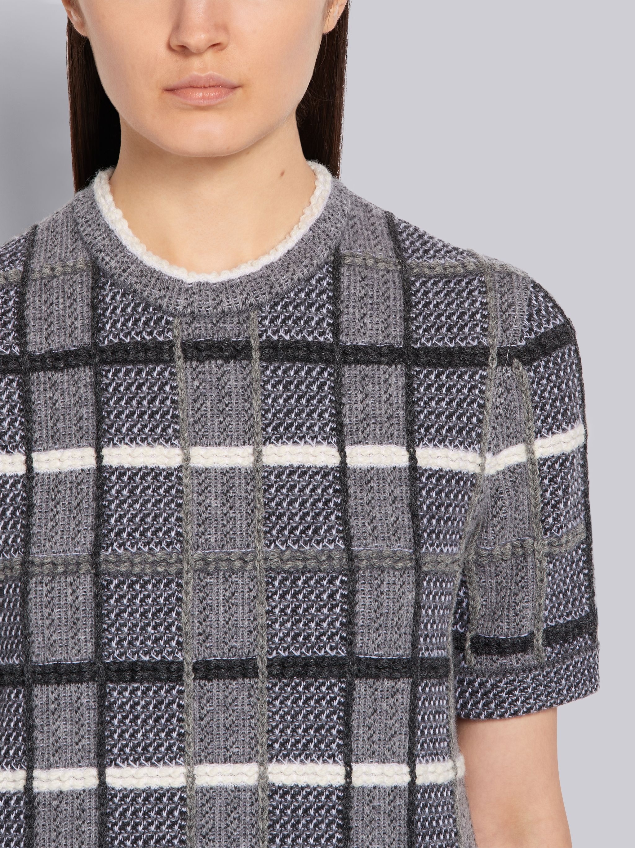 Tonal Grey Shetland Merino Wool Check Jacquard Inlay Short Sleeve Tee - 5