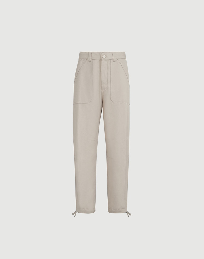 Linen and cotton drill trousers with patch pockets and drawstring 1