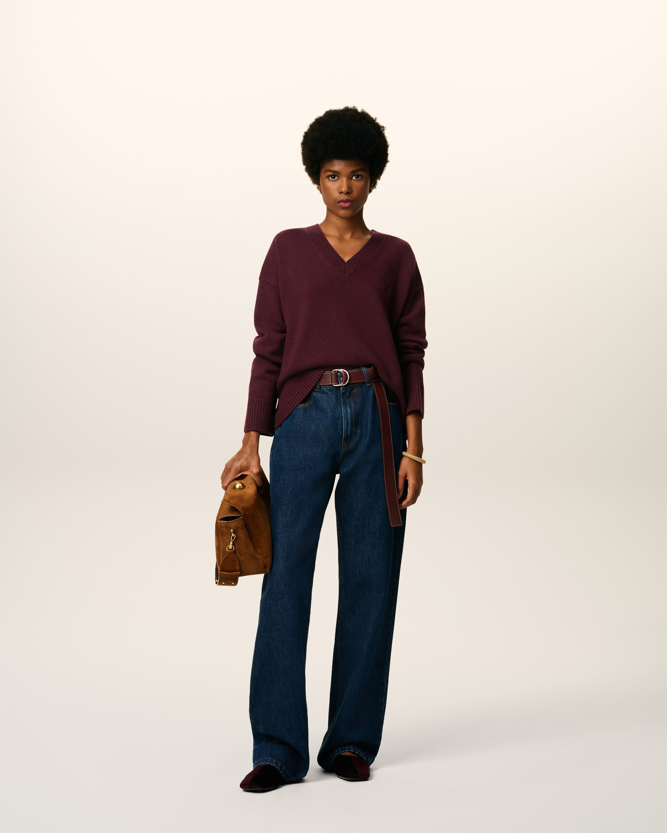 BURGUNDY WOOL AMI DE COEUR V NECK SWEATER - 2