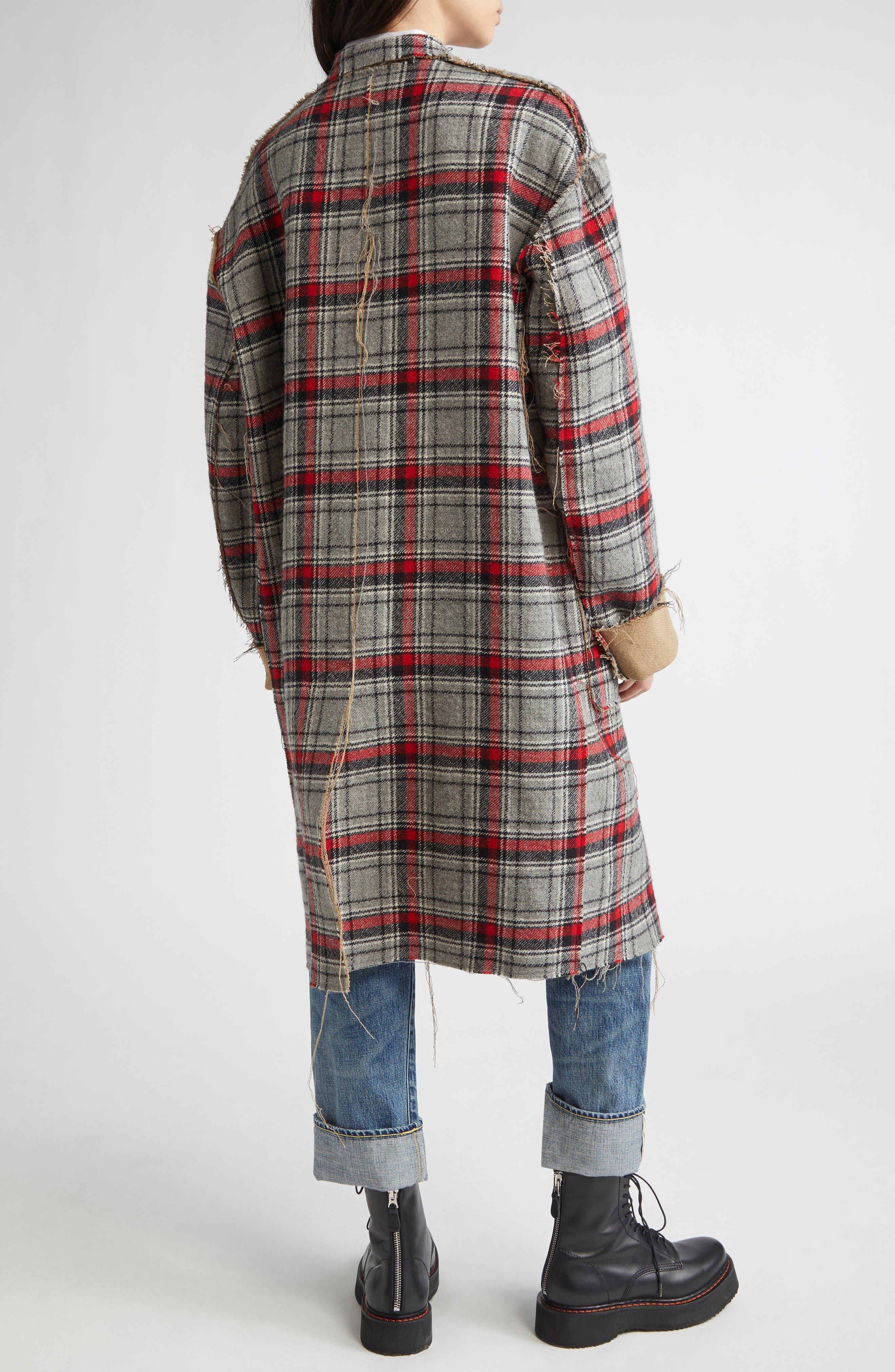 R13 Reversible Raw Cut Cotton & Virgin Wool Coat in Red/Grey Plaid at Nordstrom - 4