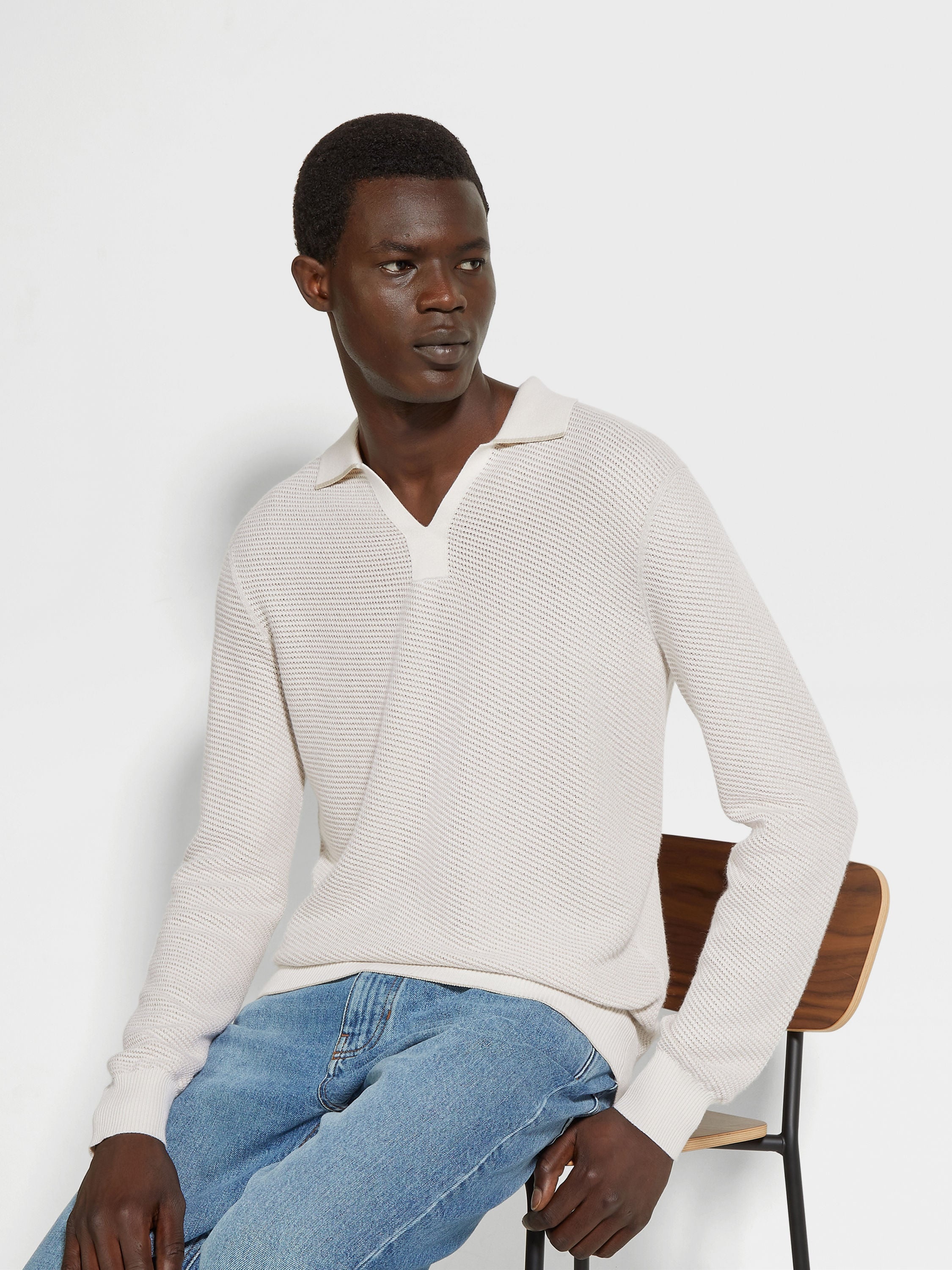 WHITE SILK AND CASHMERE POLO SHIRT - 3