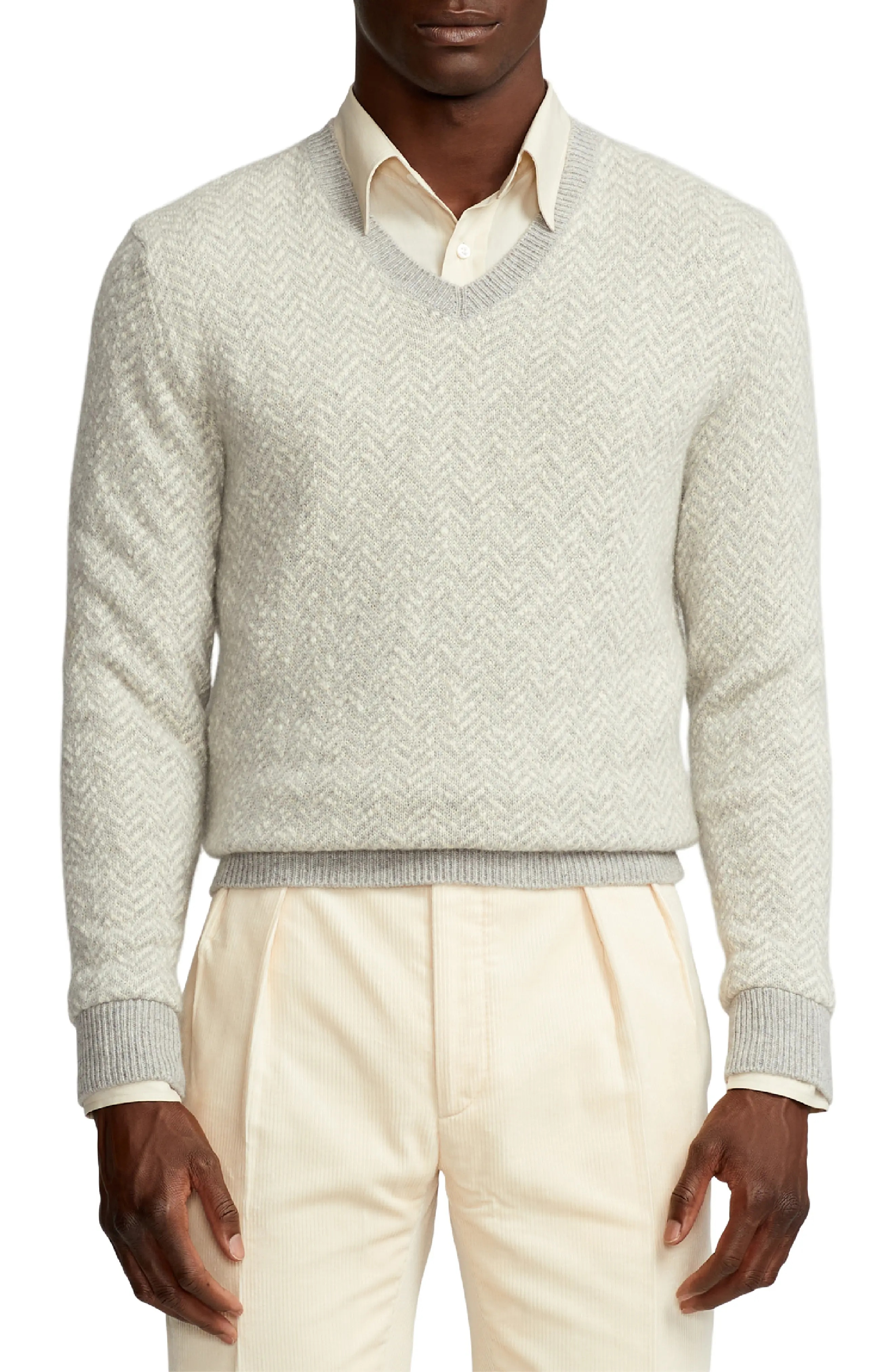 Herringbone Cashmere V-Neck Sweater - 1