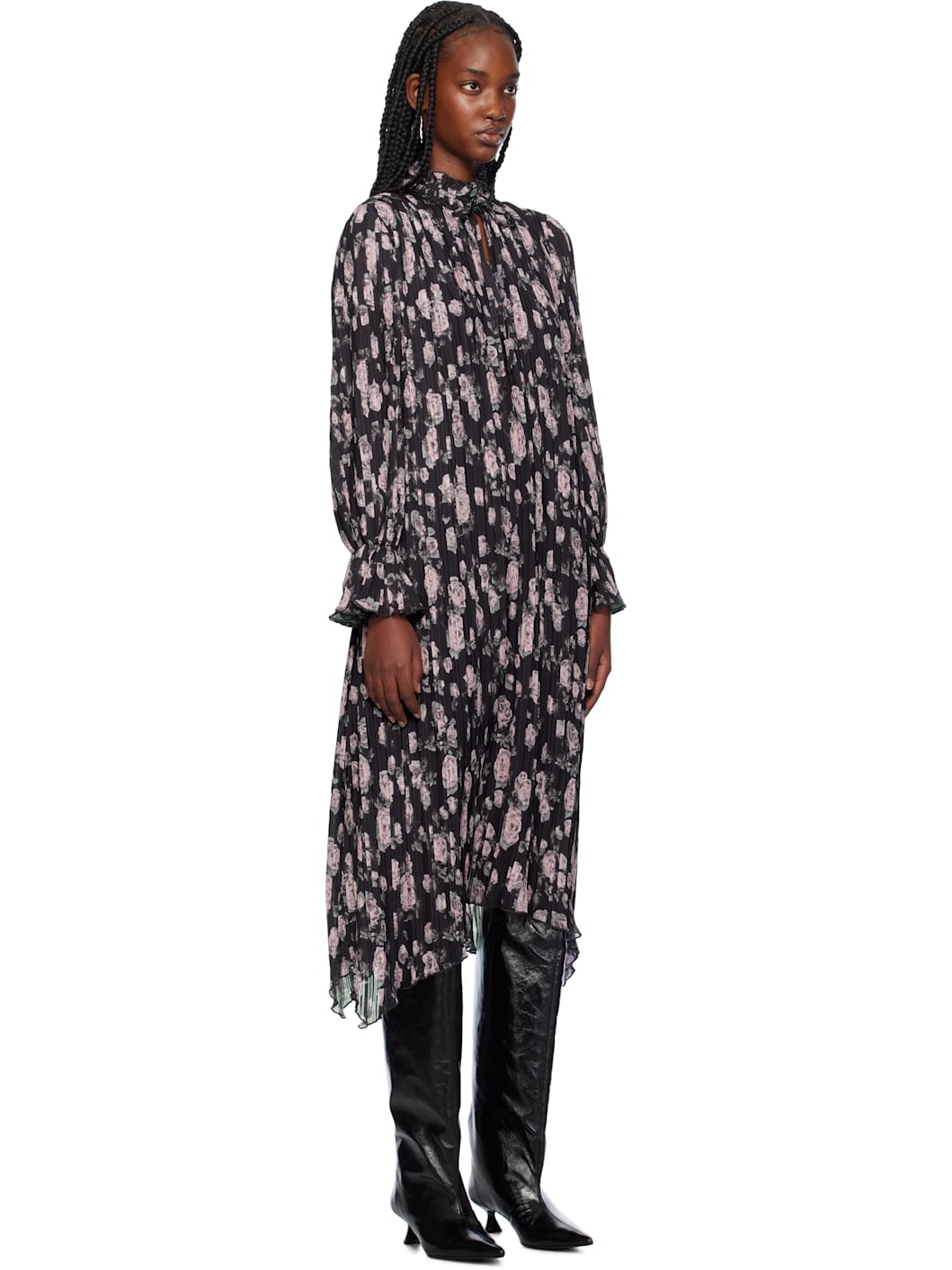 Black Floral Printed Pleated Midi Dress - 2