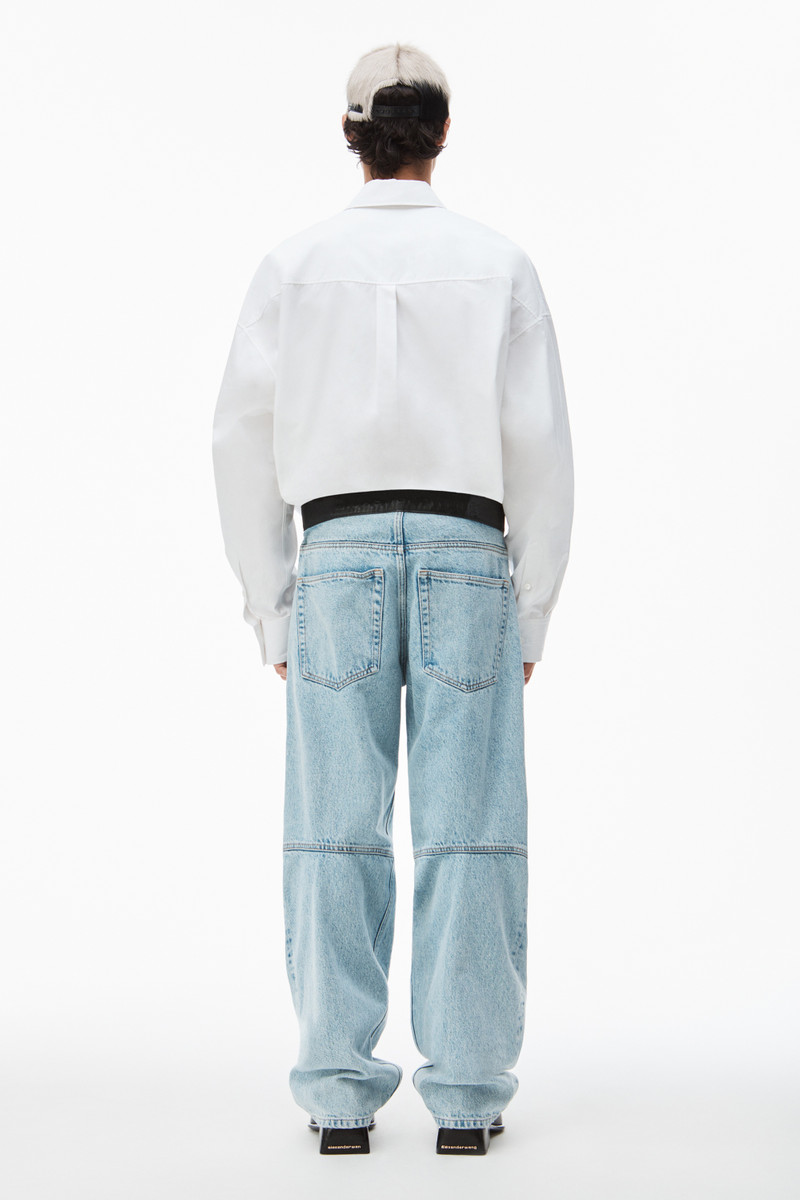 leather belted jean in denim with logo patch 5