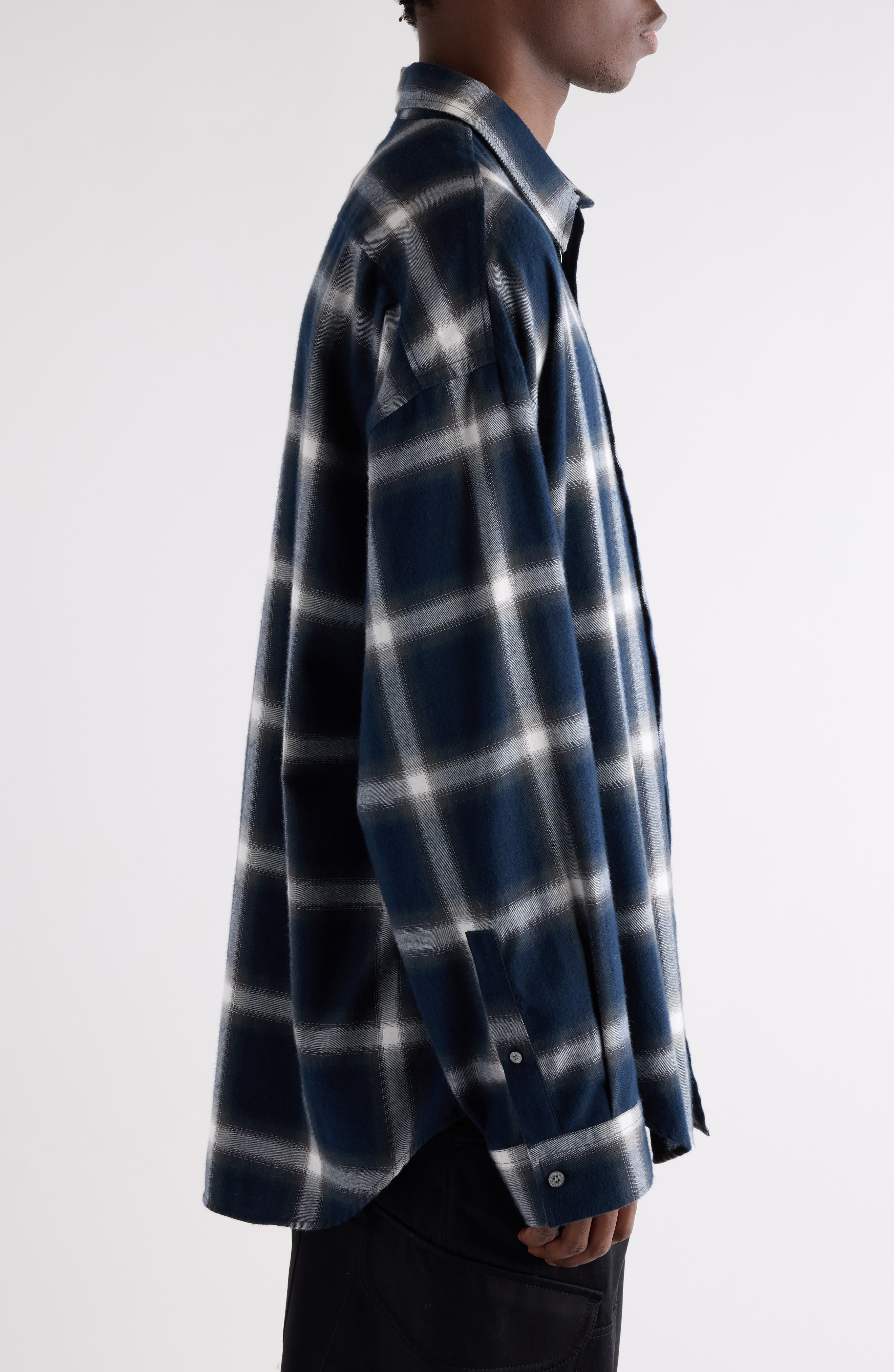 Acne Studios Setar Shadow Check Long Sleeve Flannel Button-Up Shirt in Navy Multi at Nordstrom - 4