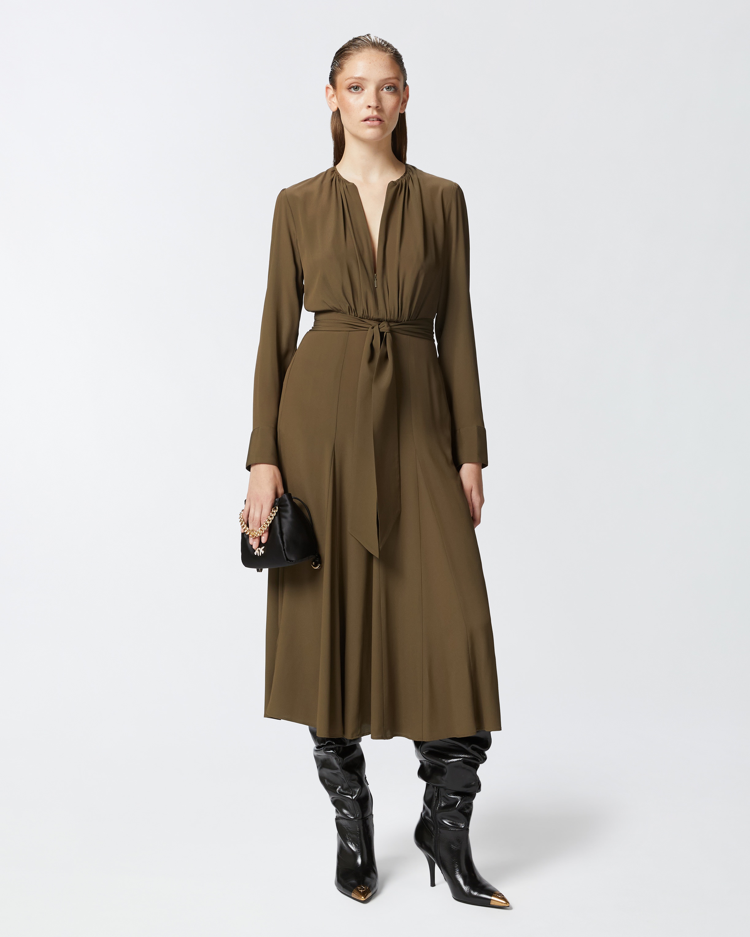 LONG SILK-BLEND DRESS WITH BELT AND LONG SLEEVES - 3