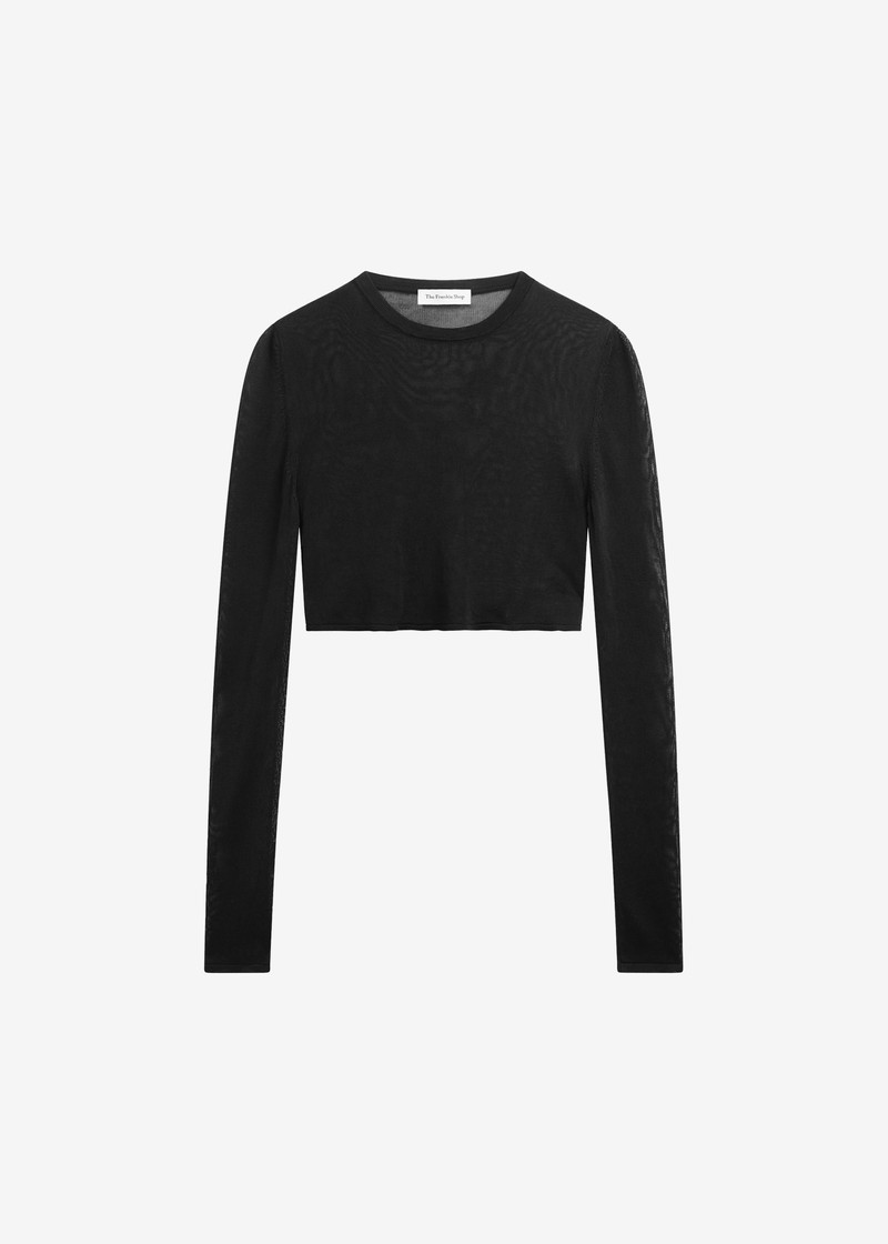 Kazel Cropped Thin Knit Top - Black 1