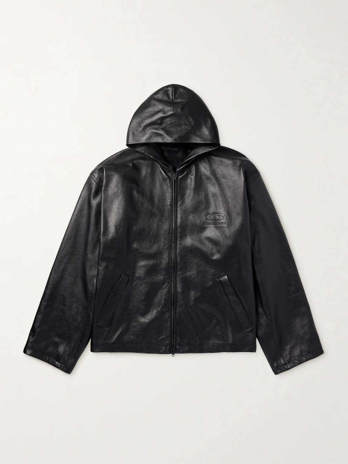 Oversized Logo-Debossed Leather Hooded Jacket - 1
