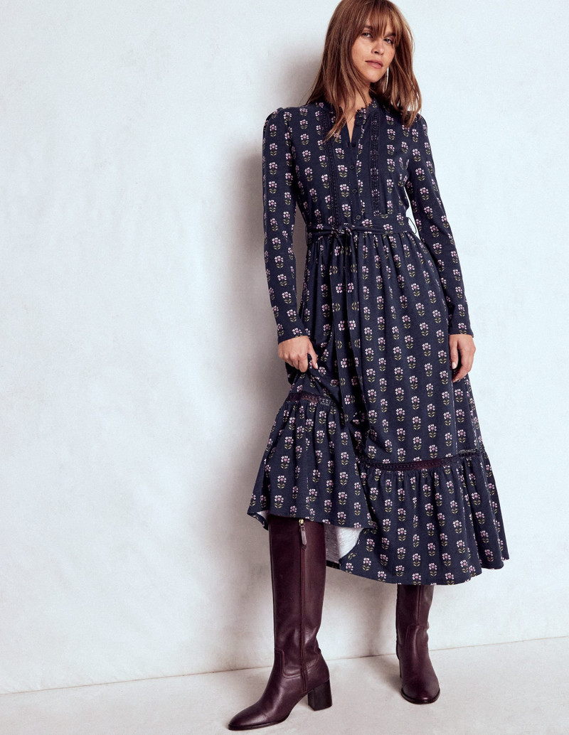 Edwina Jersey Shirt Dress-French Navy, Woodblock Flower 5
