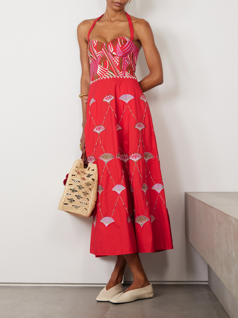 EMPORIO SIRENUSE Lotty Bead-embellished Embroidered Cotton-blend Poplin Halterneck Midi Dress outlook