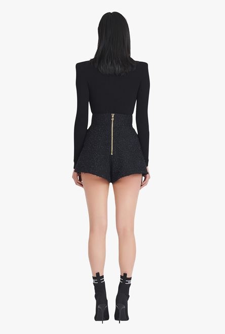 High-waisted black tweed shorts - 3