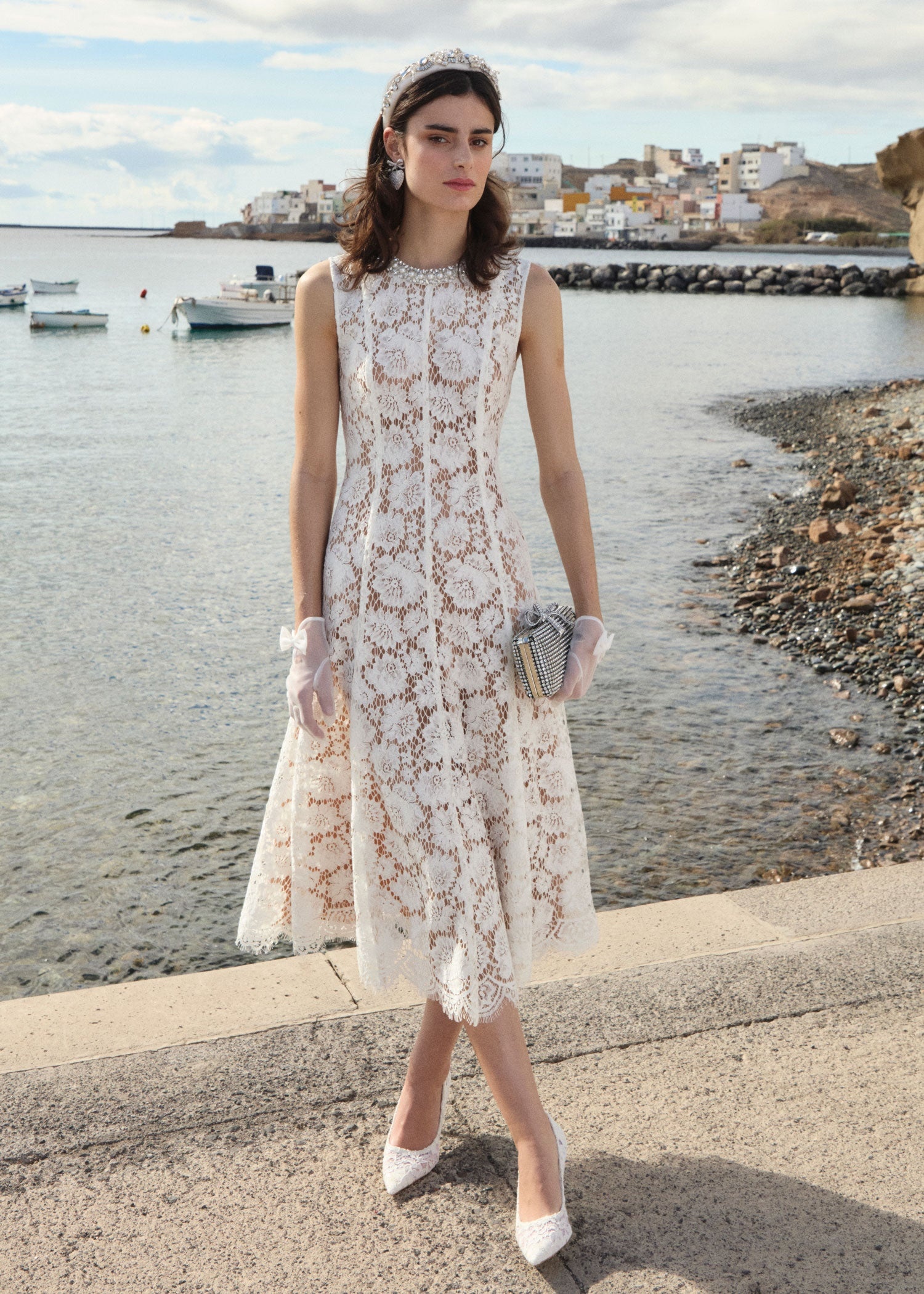 self-portrait White Fine Lace Pearl Midi Dress | REVERSIBLE