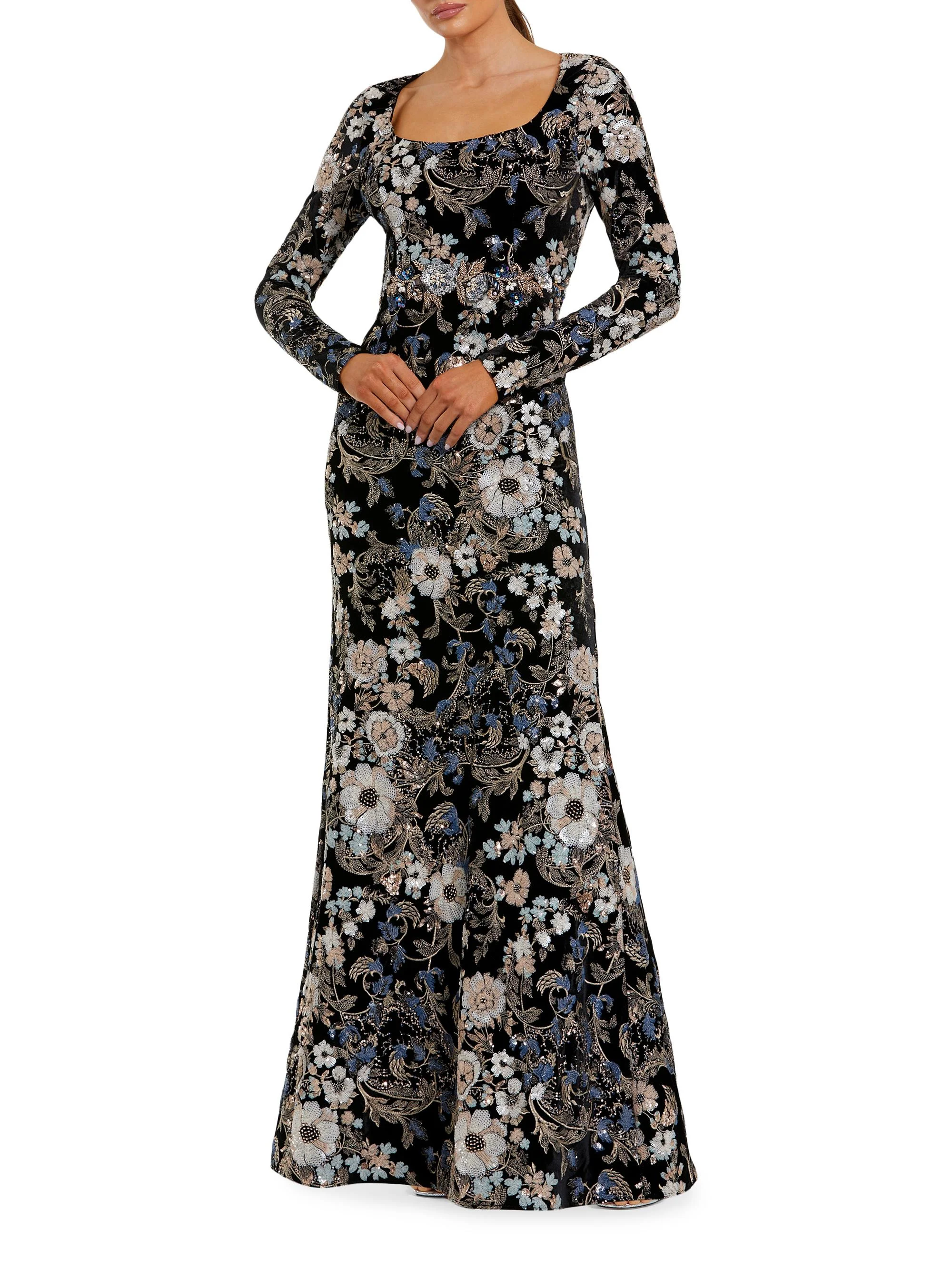Women's Embroidered Velvet Long-Sleeve Gown - Black Multi - 1
