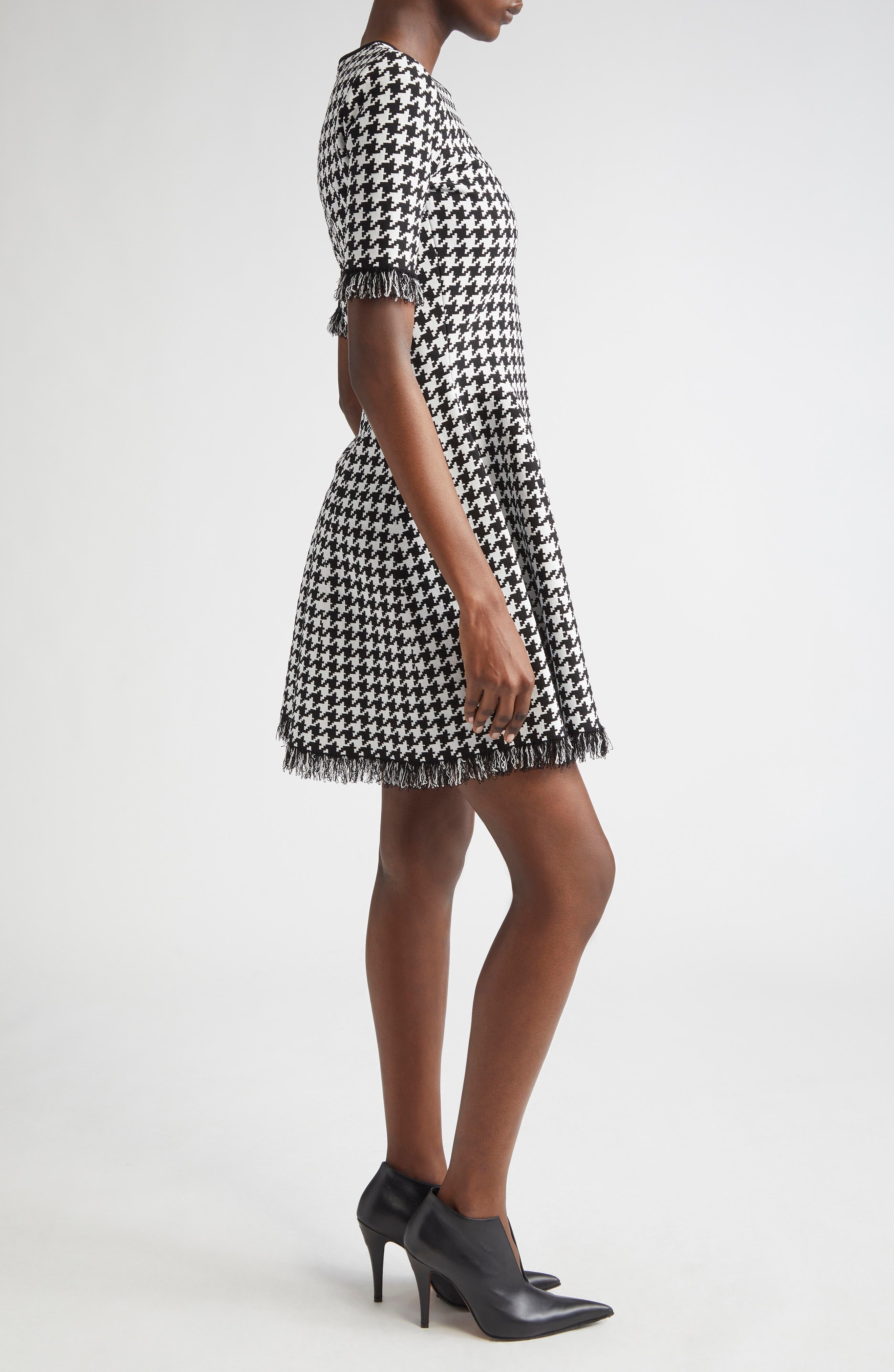 McQueen Houndstooth Check Fit & Flare Minidress in Black/Ivory at Nordstrom - 3