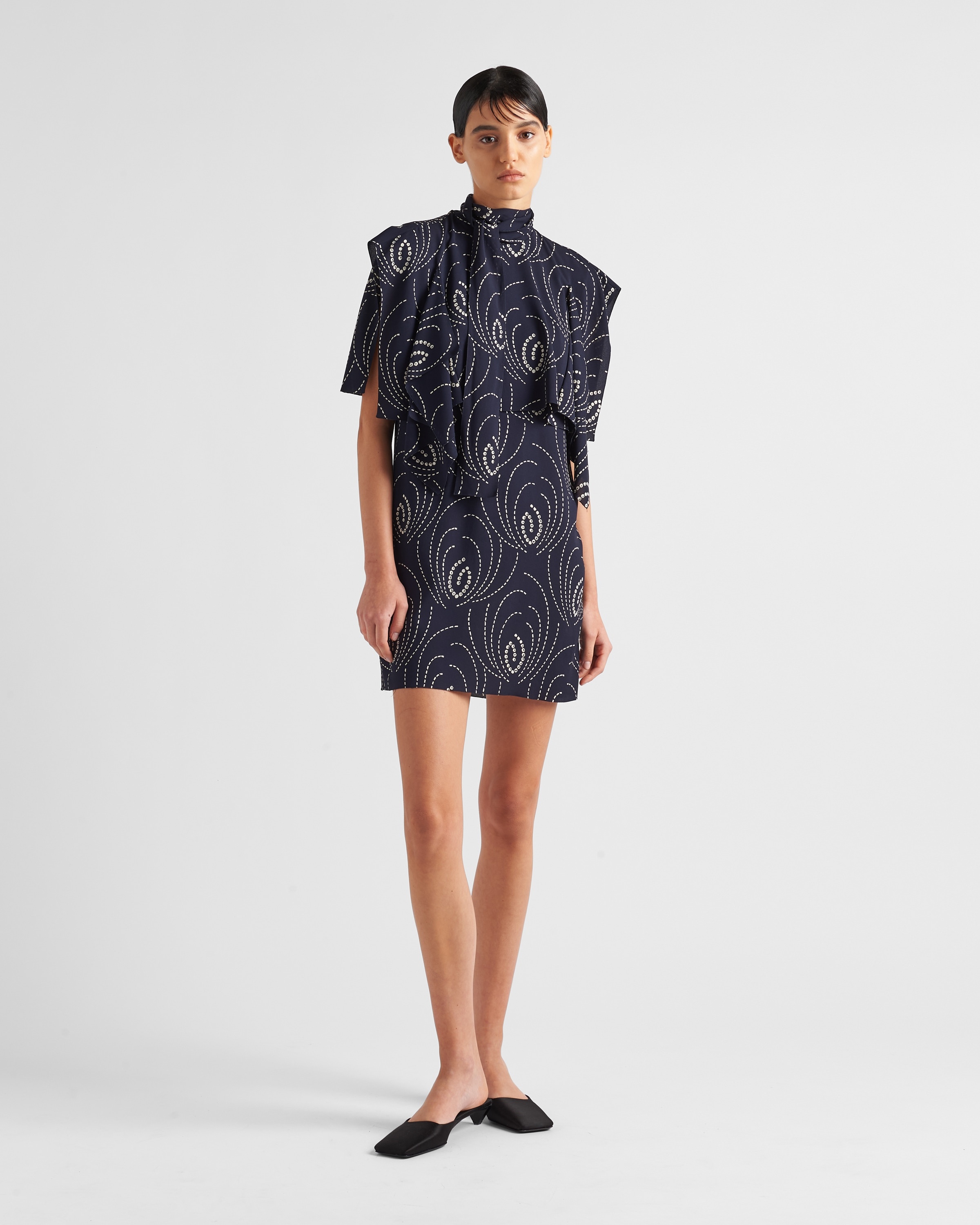 Printed sablé mini-dress with scarf collar - 2