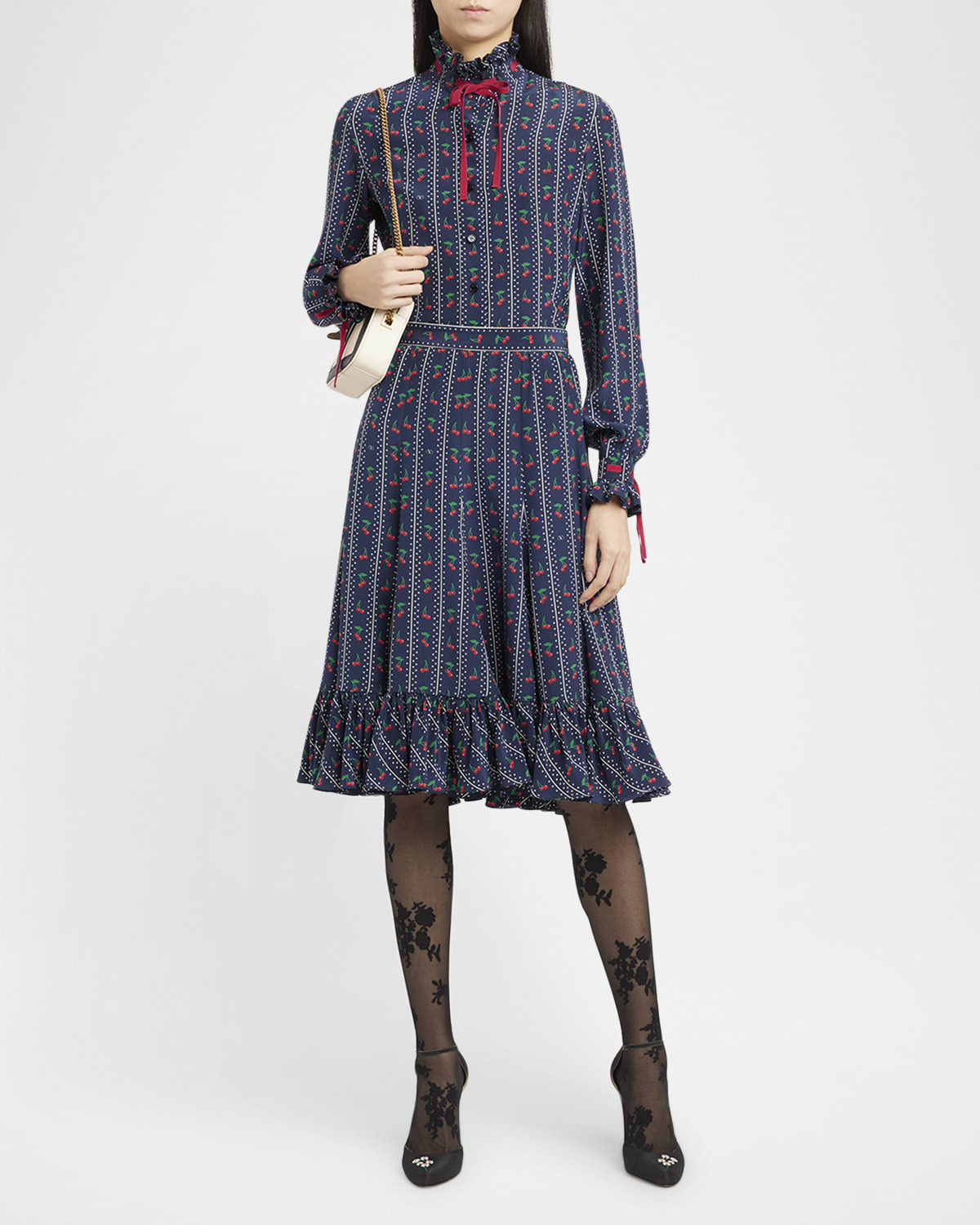 Cherry Polka-Dot Striped Crepe De Chine Shirt - 2