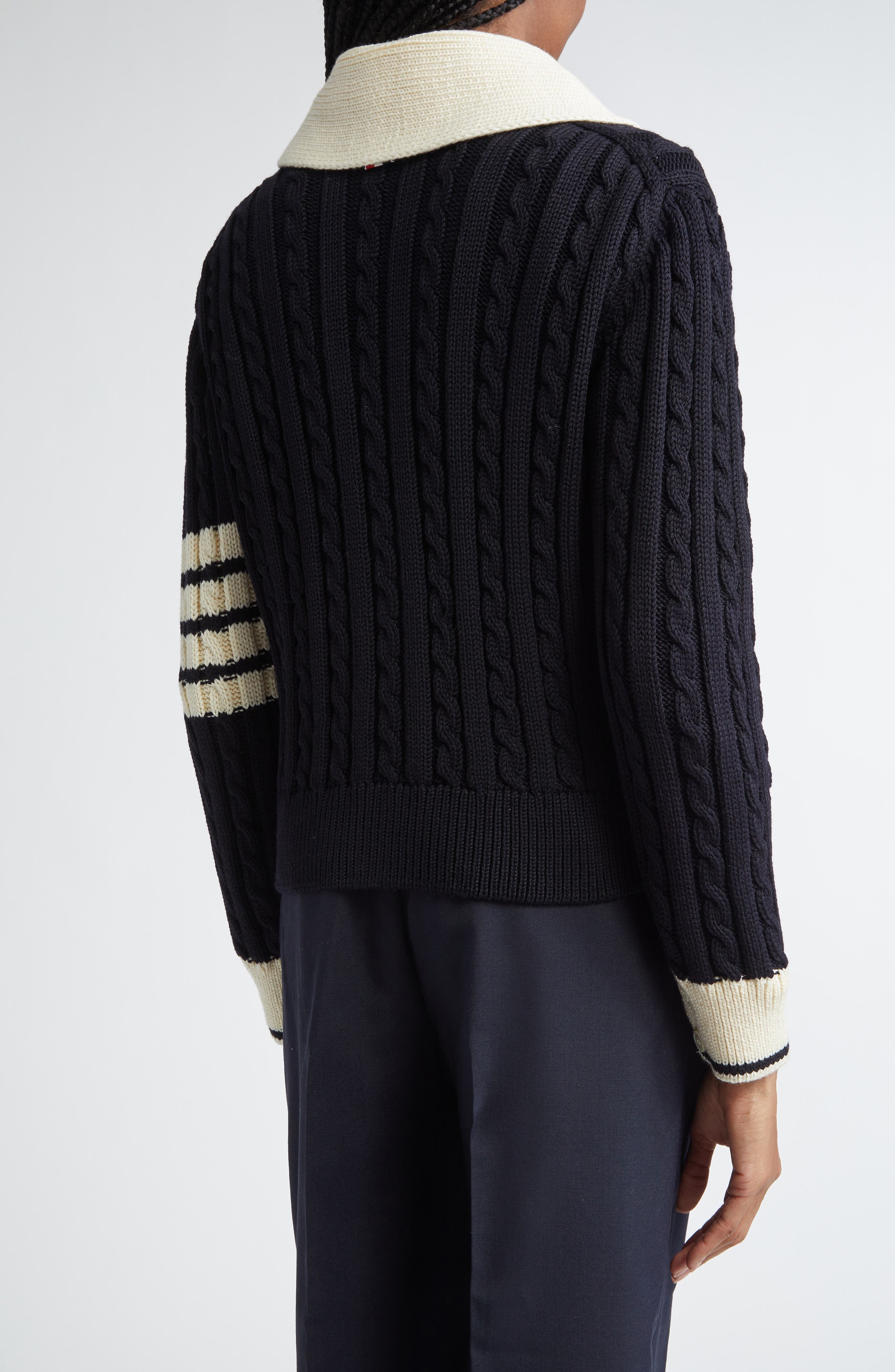 Thom Browne 4-Bar Cable Knit Virgin Wool Shawl Cardigan in Navy at Nordstrom - 3