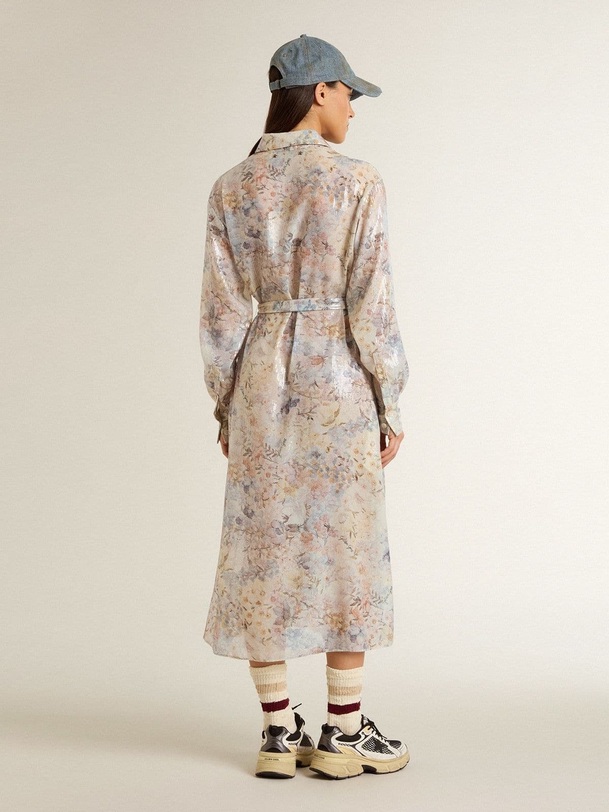 Women's shirt dress with multicolor sequined floral print - 3