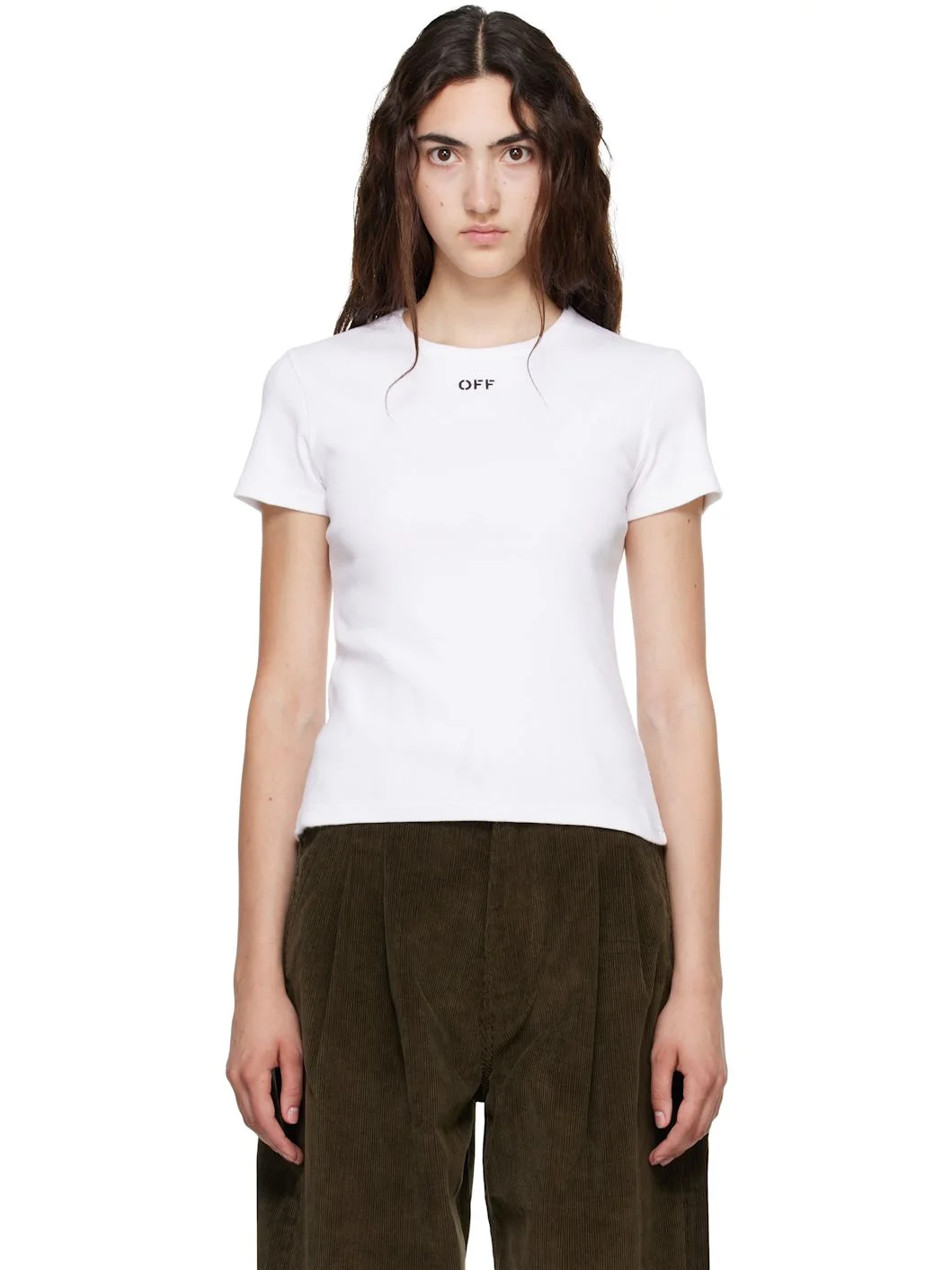 White 'OFF' Stamp Rib Fitted T-shirt - 1