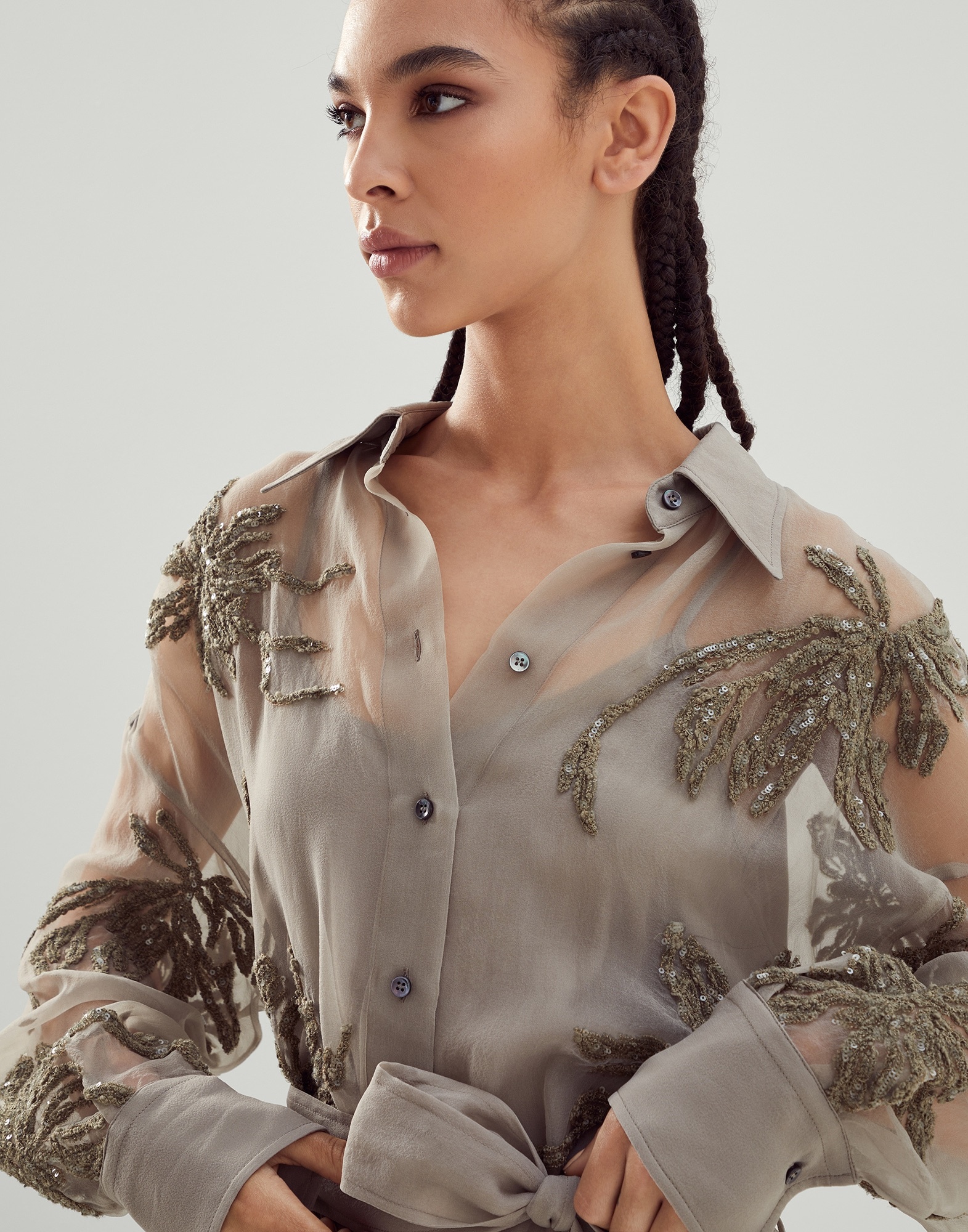 Crispy silk shirt dress with marine flower embroidery - 3