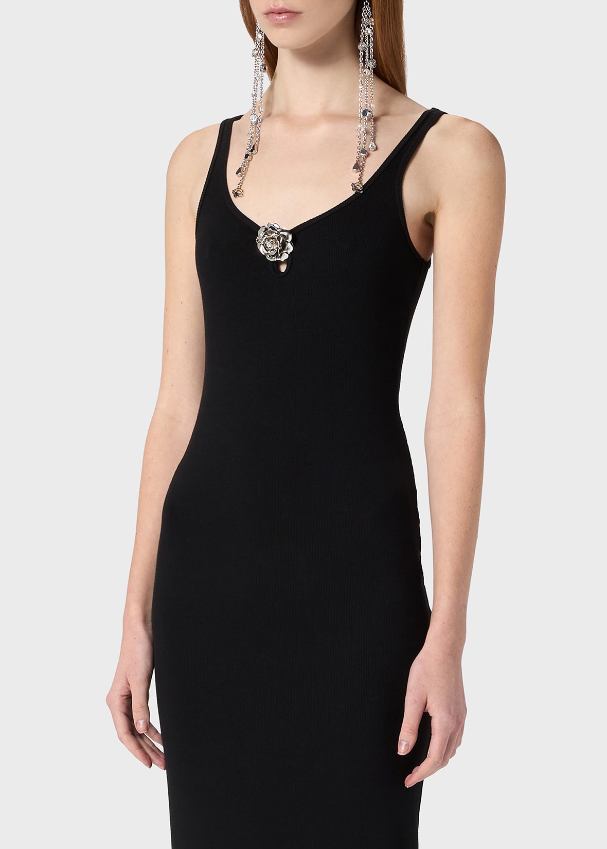 RIBBED LONG DRESS WITH BIJOU-ROSE DECORATION - 5