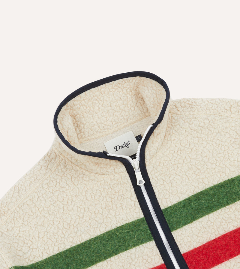 Ecru Stripe Boucle Wool Zip Fleece Jacket 3