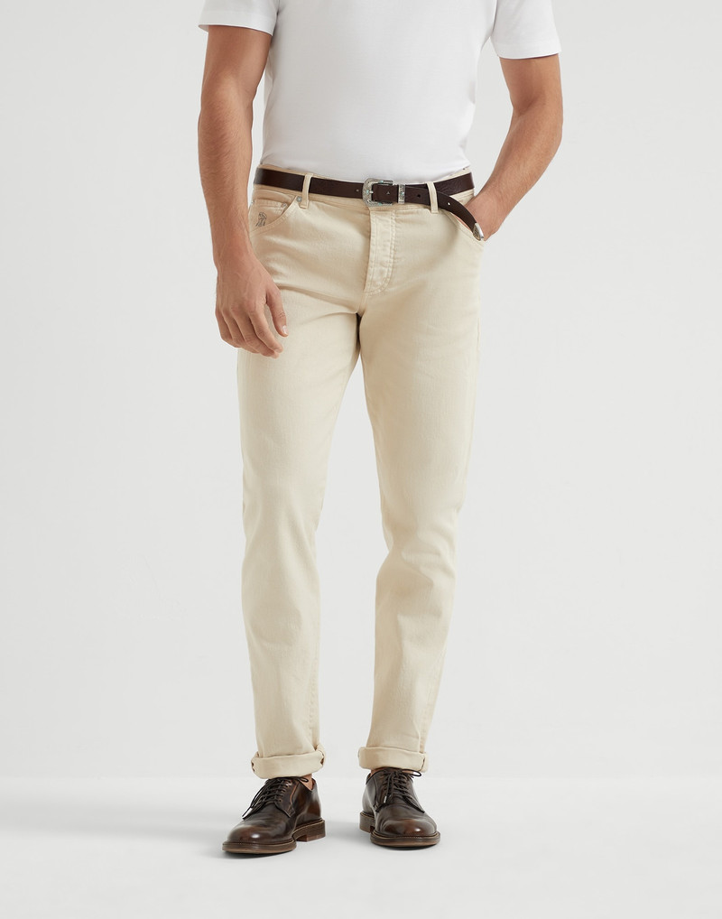 Garment-dyed slim fit trousers in comfort cotton lightweight denim 1