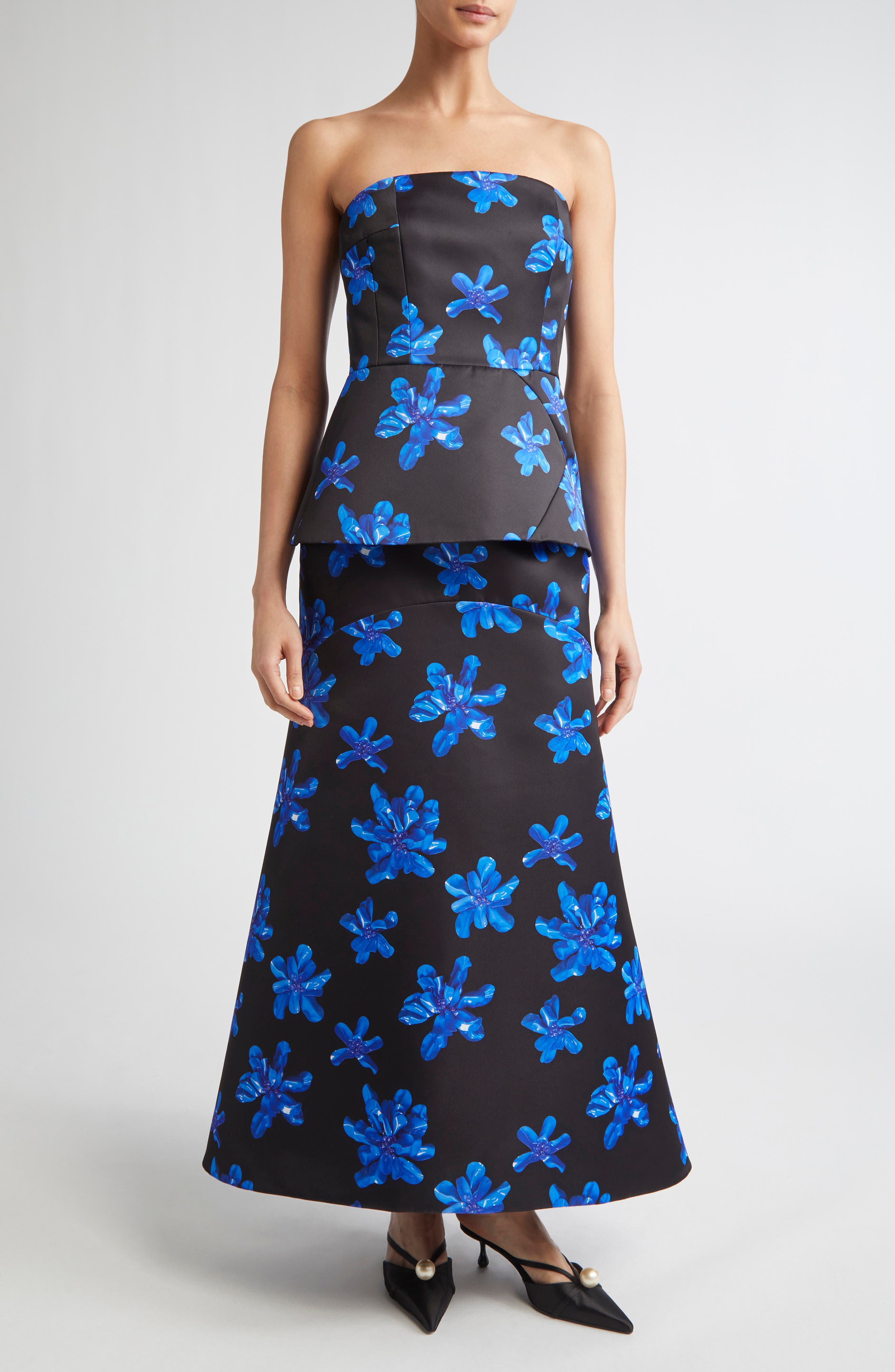 Emilia Wickstead Regan Floral Strapless Genzianella Peplum Top in Electric Blue Floral On Black at N - 2