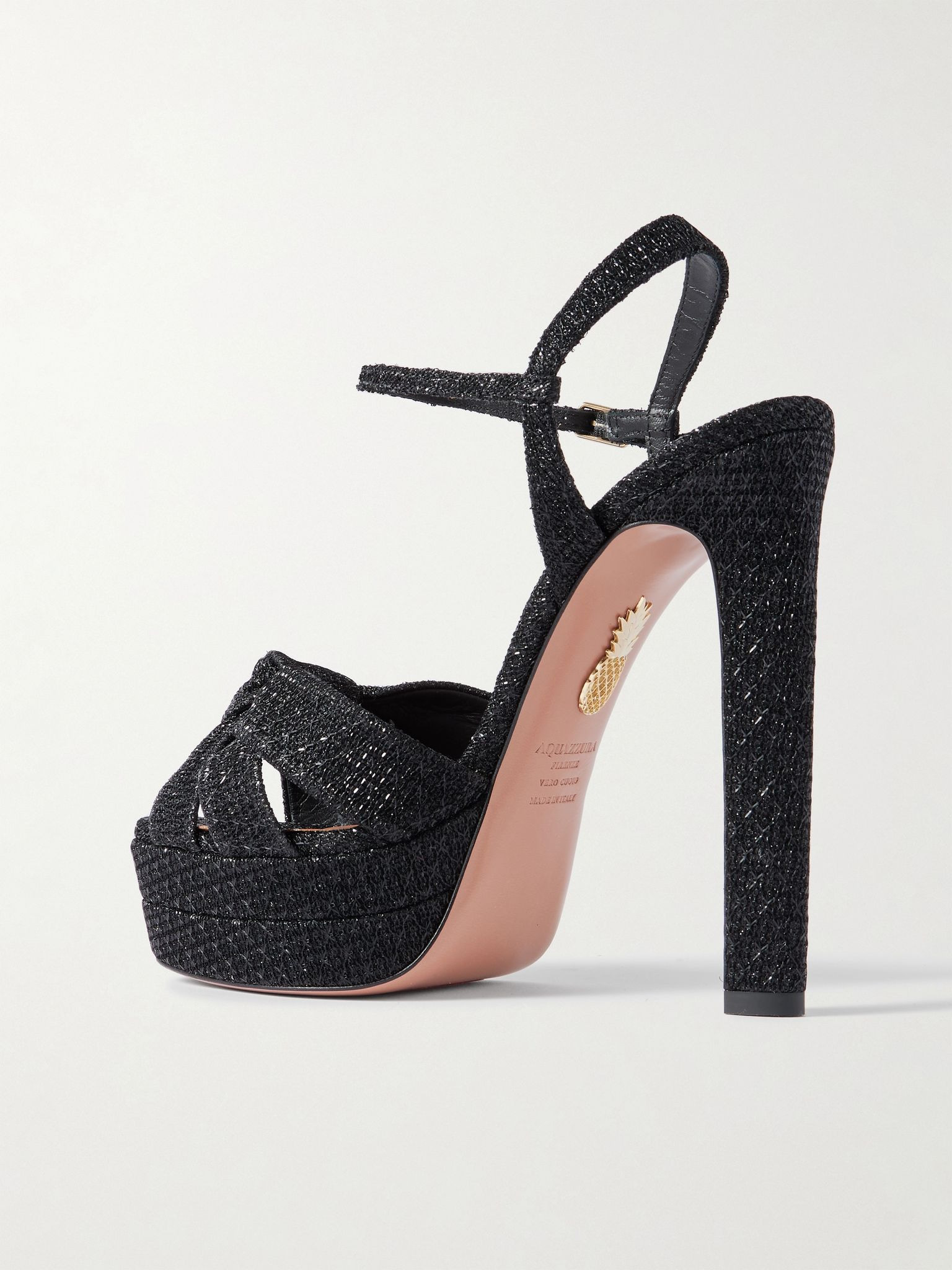 Nina Plateau 130 knotted metallic woven platform sandals Black - 3