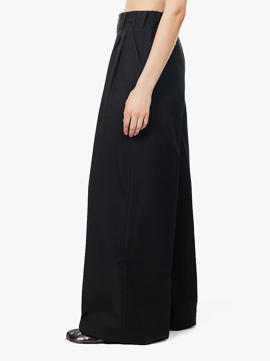 Twill-texture elasticated waistband wide-leg high-rise cotton and wool trousers - 3