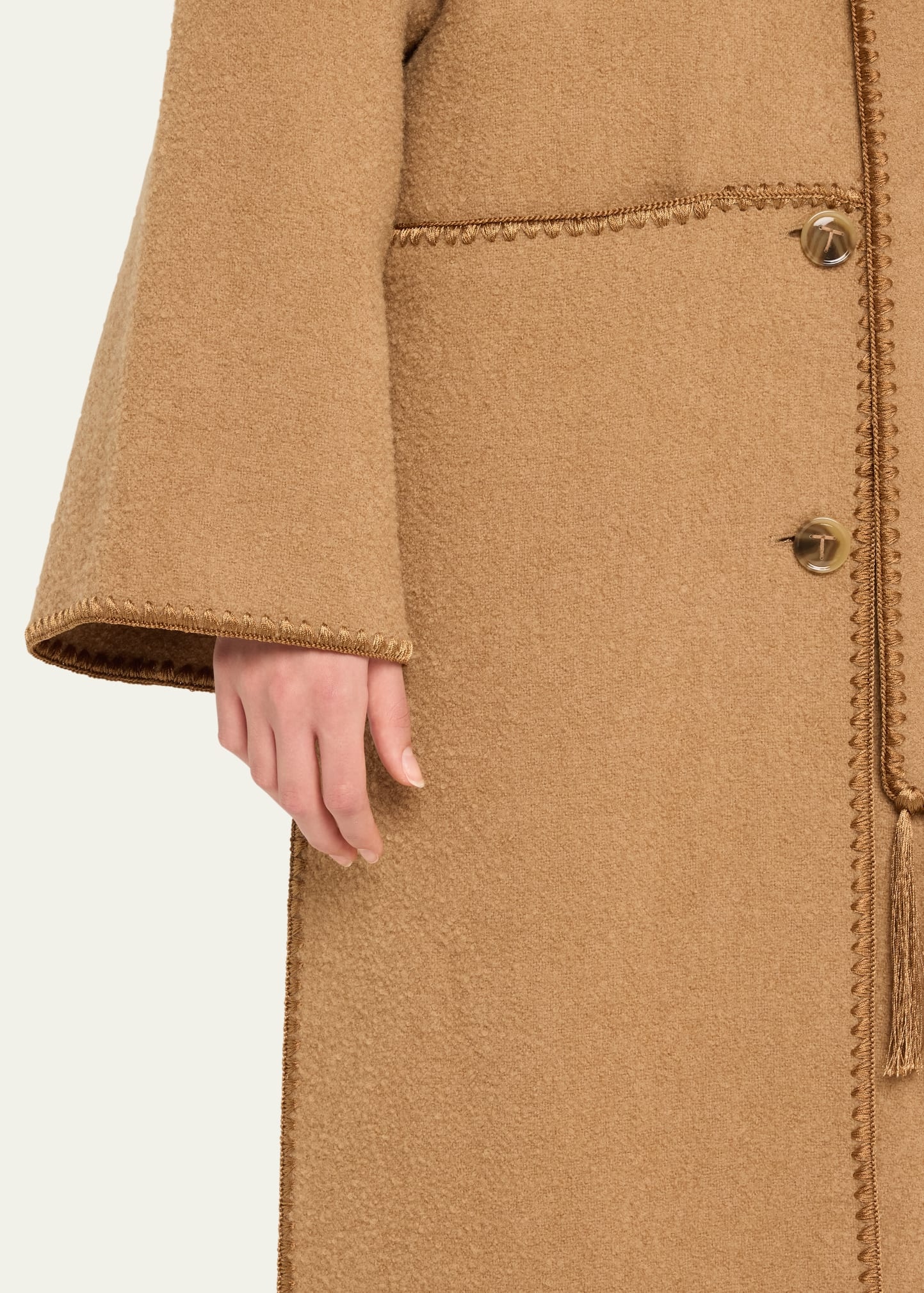 Fringe Embroidered Scarf Wool Coat - 5