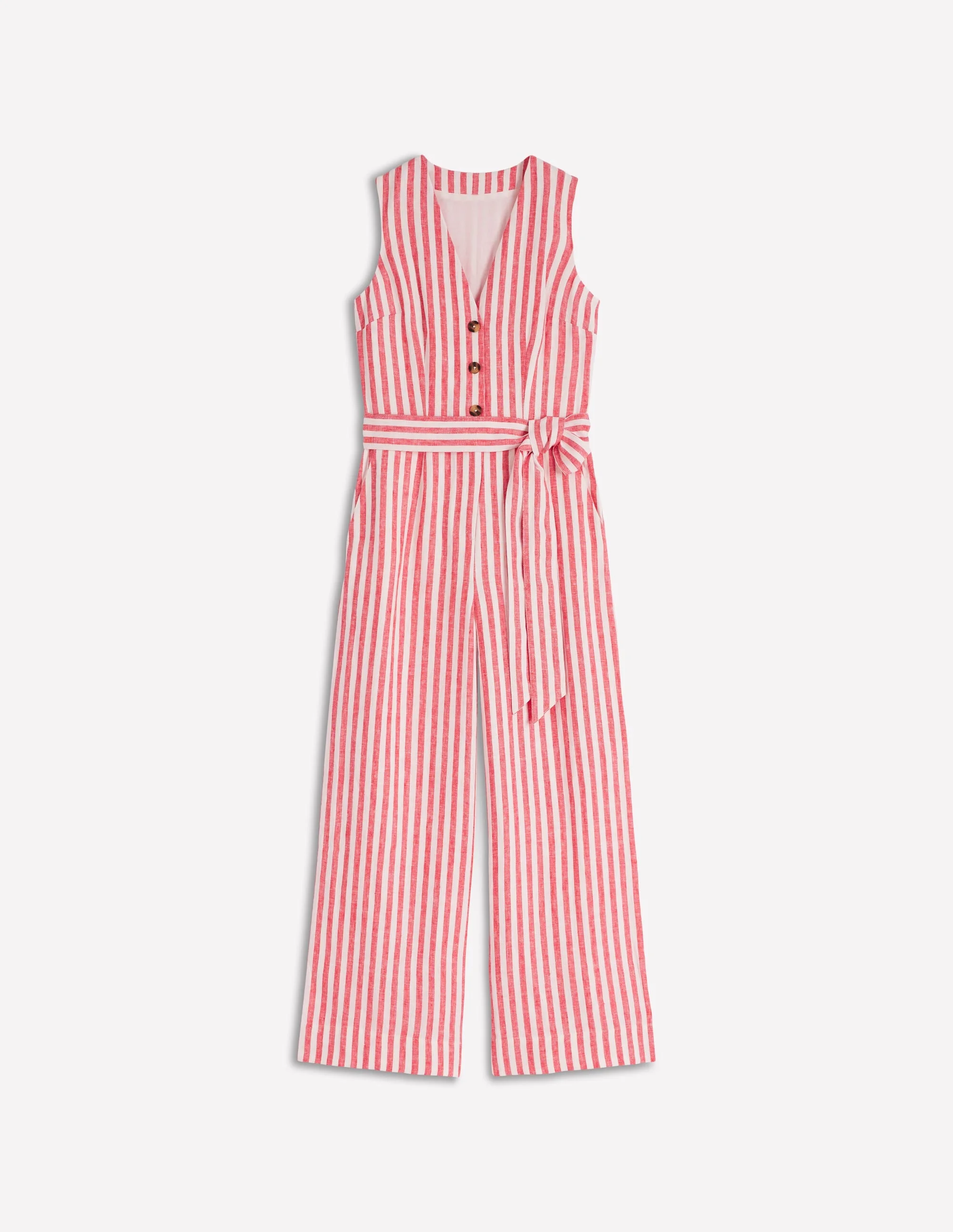 Laura V-neck Linen Jumpsuit-Red, Ivory Stripe - 1