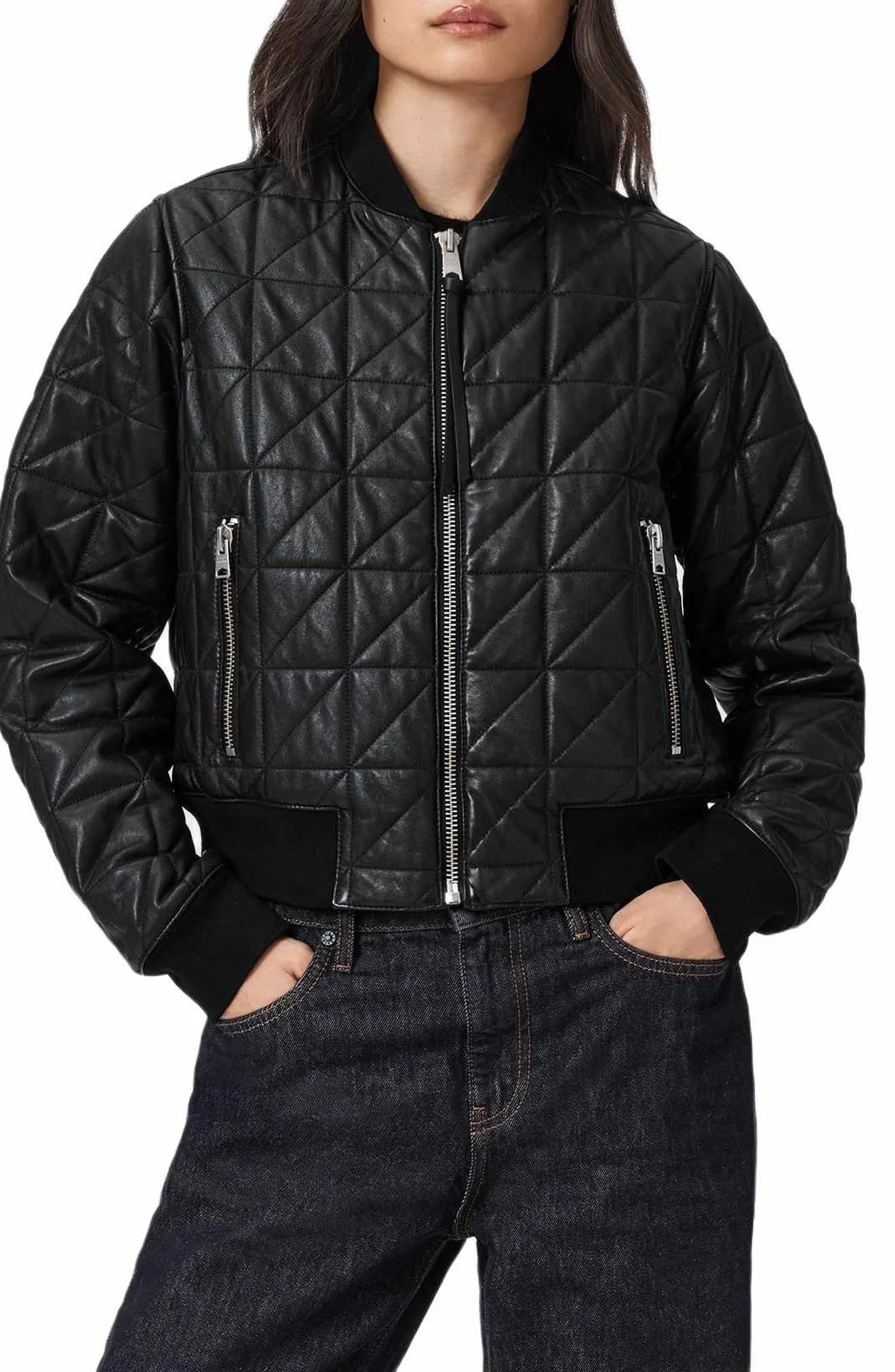 AllSaints Carly Quilted Leather Bomber Jacket in Black at Nordstrom - 1