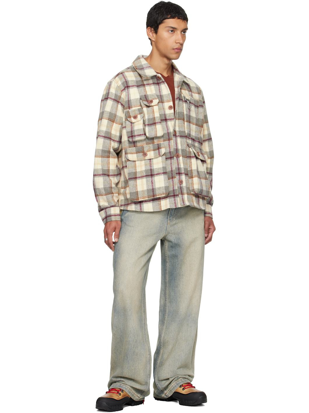 Gray & Beige Milled Flannel Cargo Button Down Shirt - 4