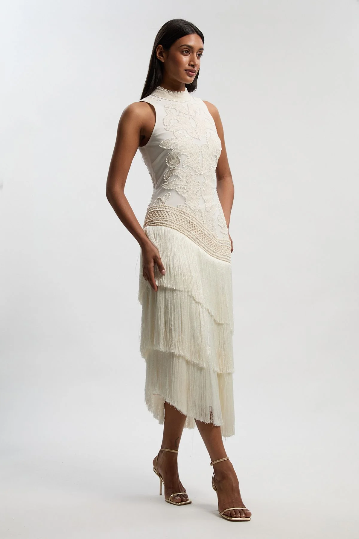 Fringed Asymmetric Beaded Halter Neck Woven Maxi Dress - 1
